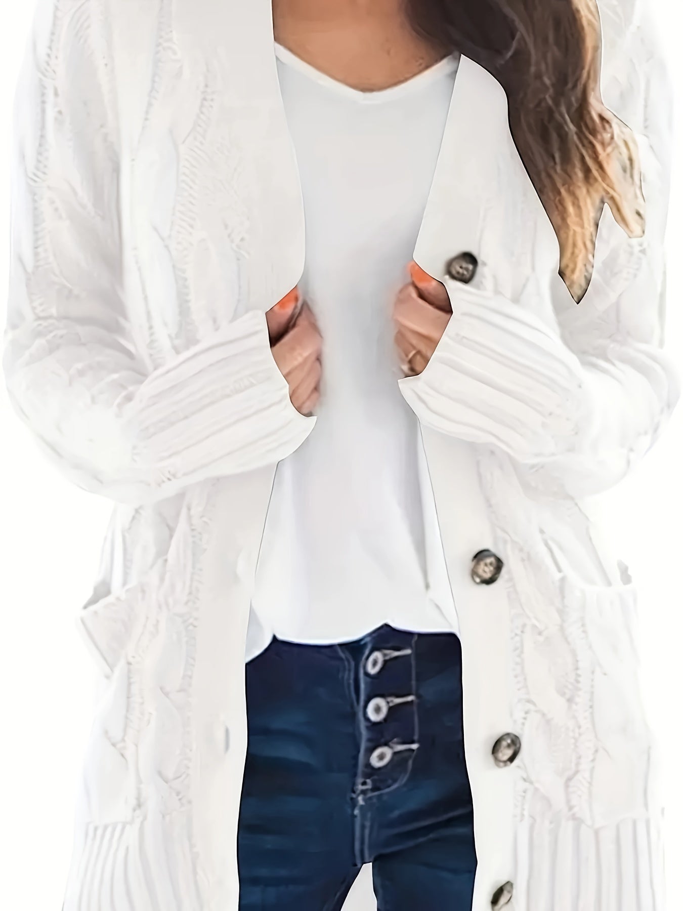 Plus Size Casual Cardigan, Women's Plus Cable Knit Long Sleeve Button Up High Stretch Cardigan With Pockets