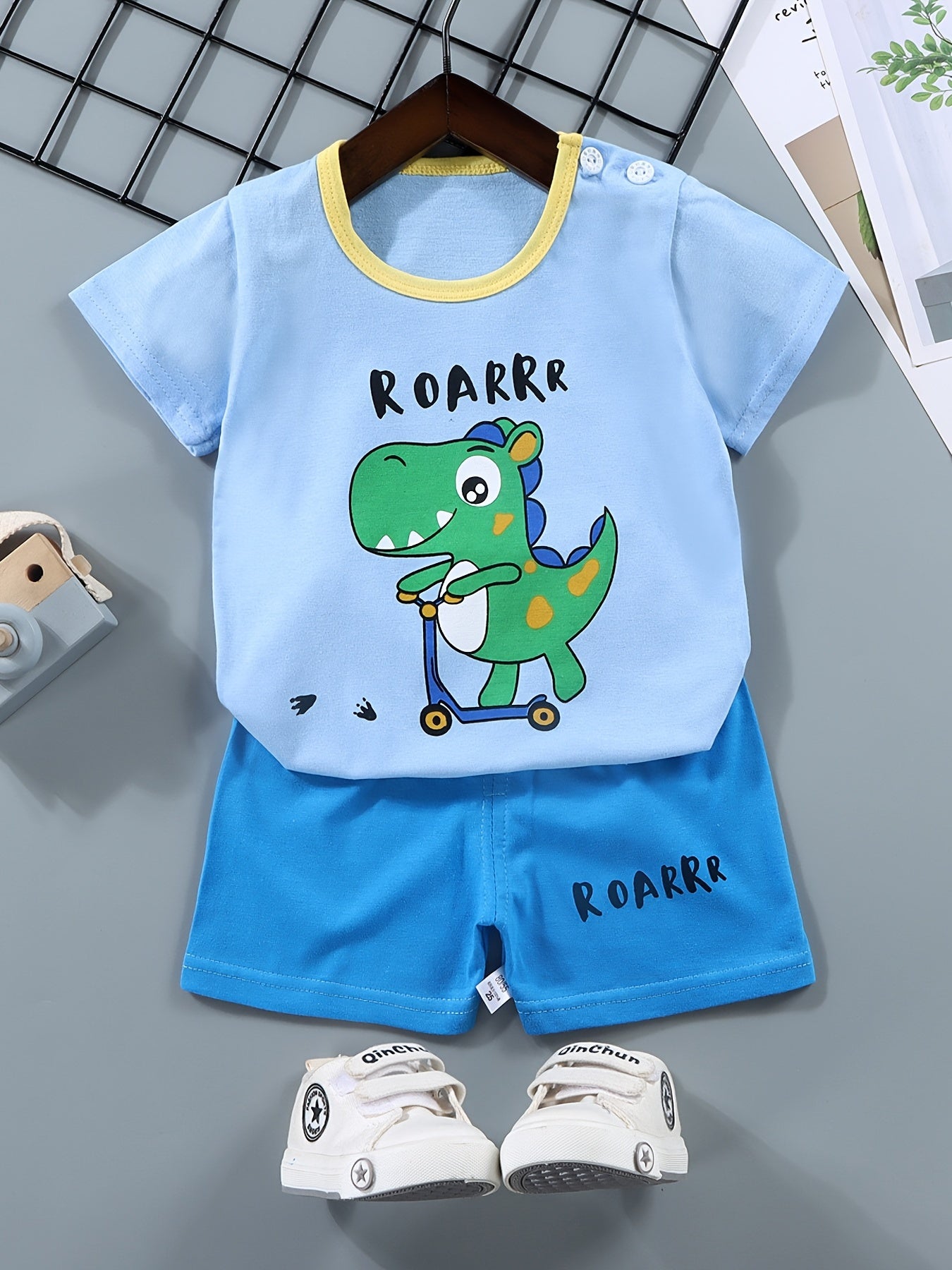 Boys Cartoon Off-road Truck "Ride Like The Wind" Casual Outfit Round Neck T-shirt & Shorts For Summer Boys Clothes