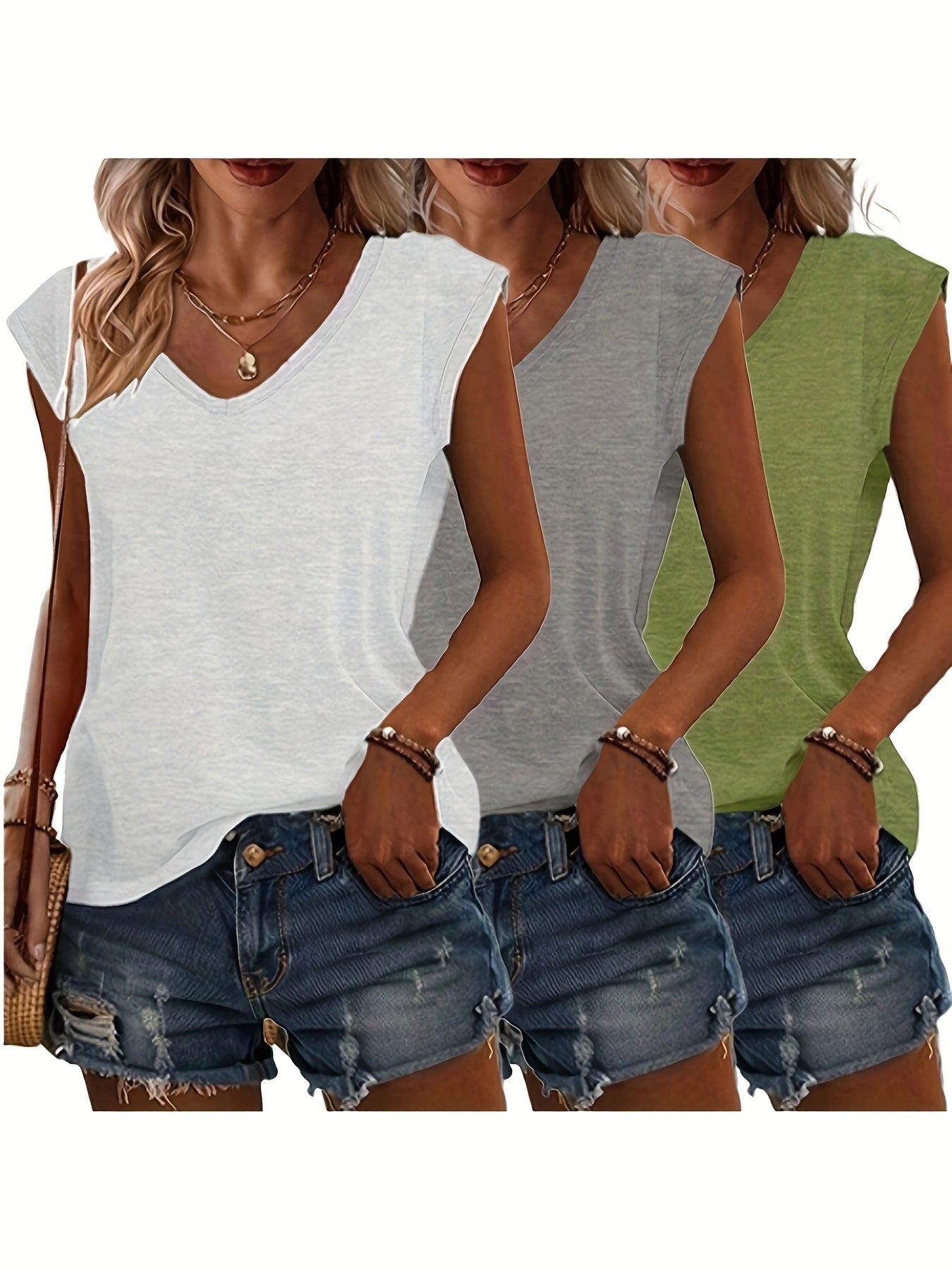 3pcs Spring/Summer New Solid Color No-Print V Neck Loose Casual Tops, Comfortable Fashion Machine Wash - Suitable for Daily and Home Use