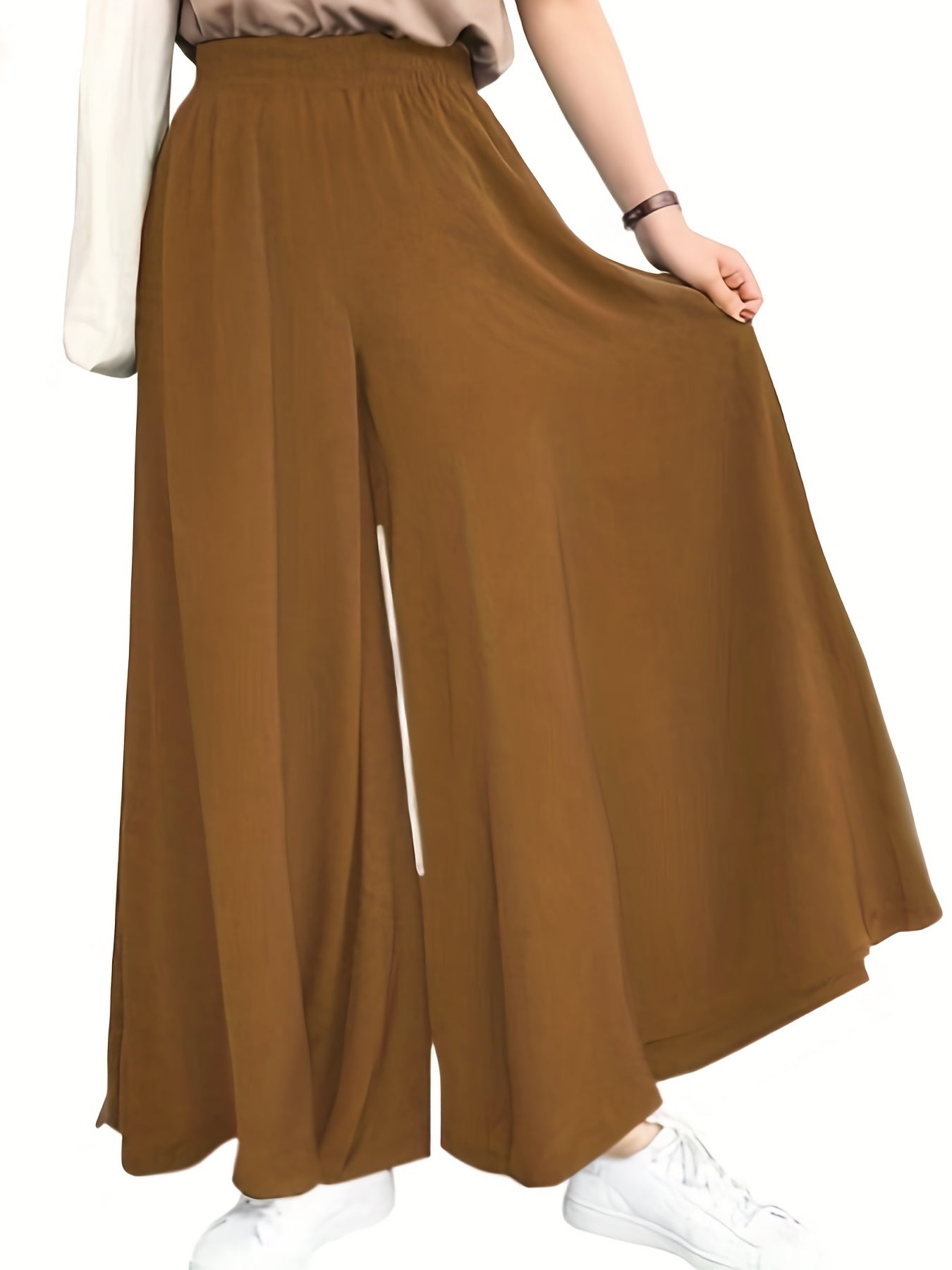 Women's Plus Size High-Waisted Wide-Leg Pants - Elastic Waist Relaxed Fit Navy Blue Casual Trousers for Beach & Casual Attire, All-Season Comfort, Elegance Collection, Beach Pants