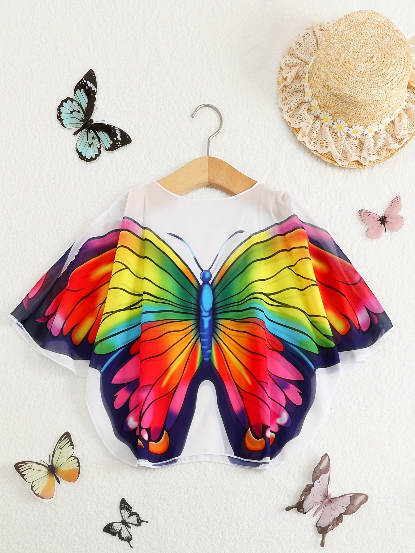 Young Girl Cute Pink Butterfly Shaped Mesh Cover-Up Comfortable And Breathable, for Summer Holidays