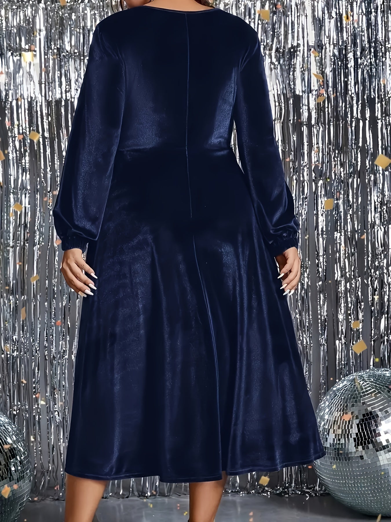 Elegant Plus Size Long Sleeve Midi Dress with Lantern Sleeves and Flared Skirt - Non-Stretch, Machine Washable Velvet, Perfect for Formal Events, Parties, and Casual Outings, Plus Size Dress