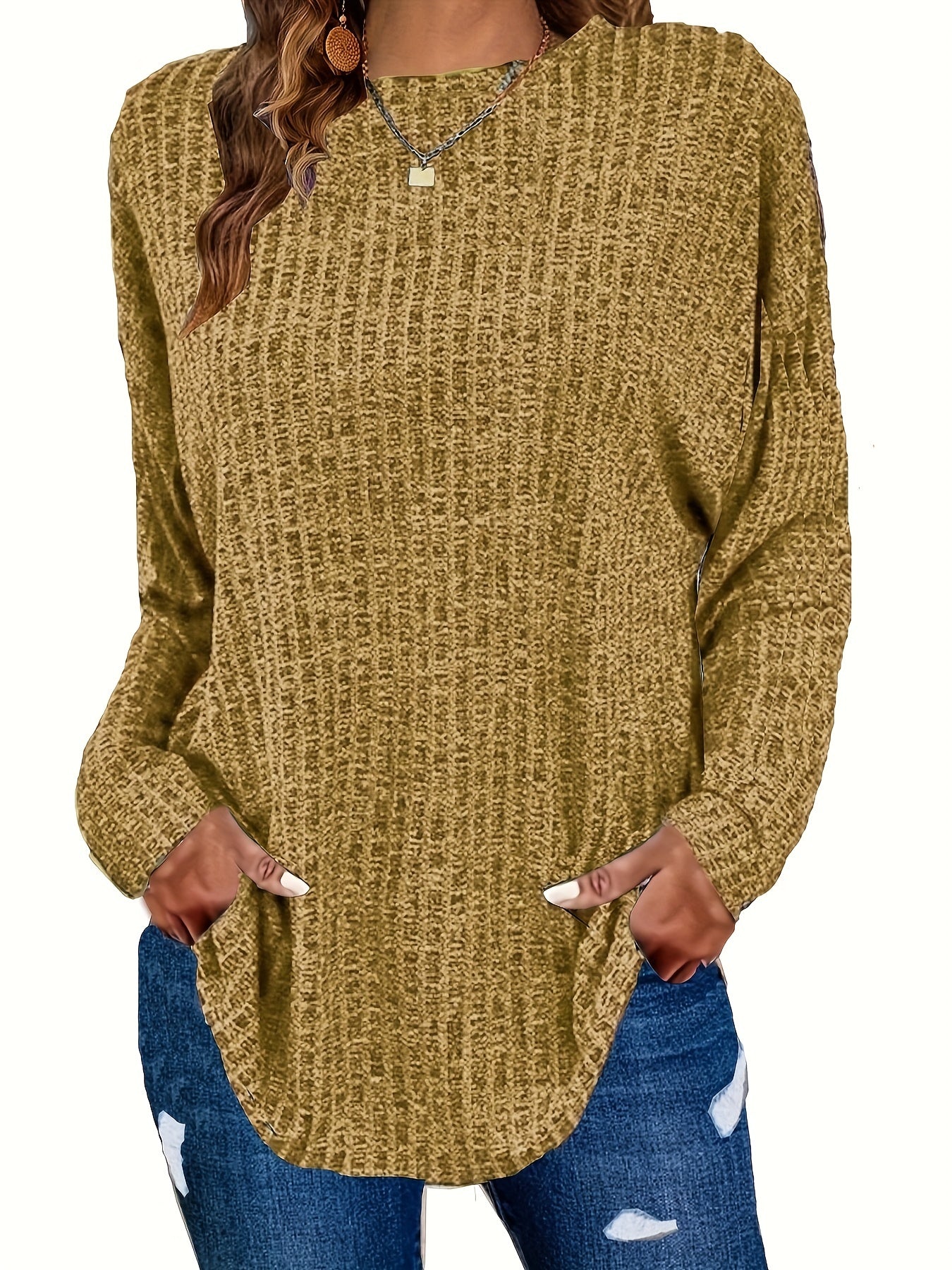 Women's Plus Size Casual Pullover Sweater - Solid Color Drop Shoulder Long Sleeve Round Neck Top, Medium Stretch Cozy Fall Winter Layering Essential, Relaxed Fit for Casual Attire, Sweater, Mediumstretch Fabric