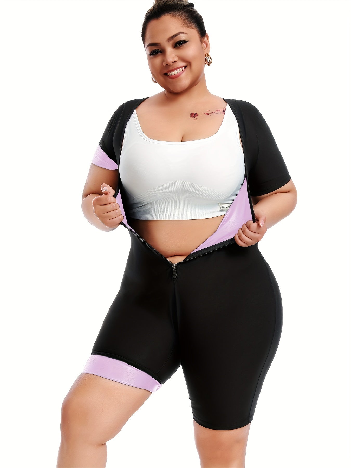 Short-sleeved Plus-size Women's Bodysuit With Zipper For Sweating During Running, Fitness, Yoga, Body Shaping, Waist Slimming, And Hip Lifting.