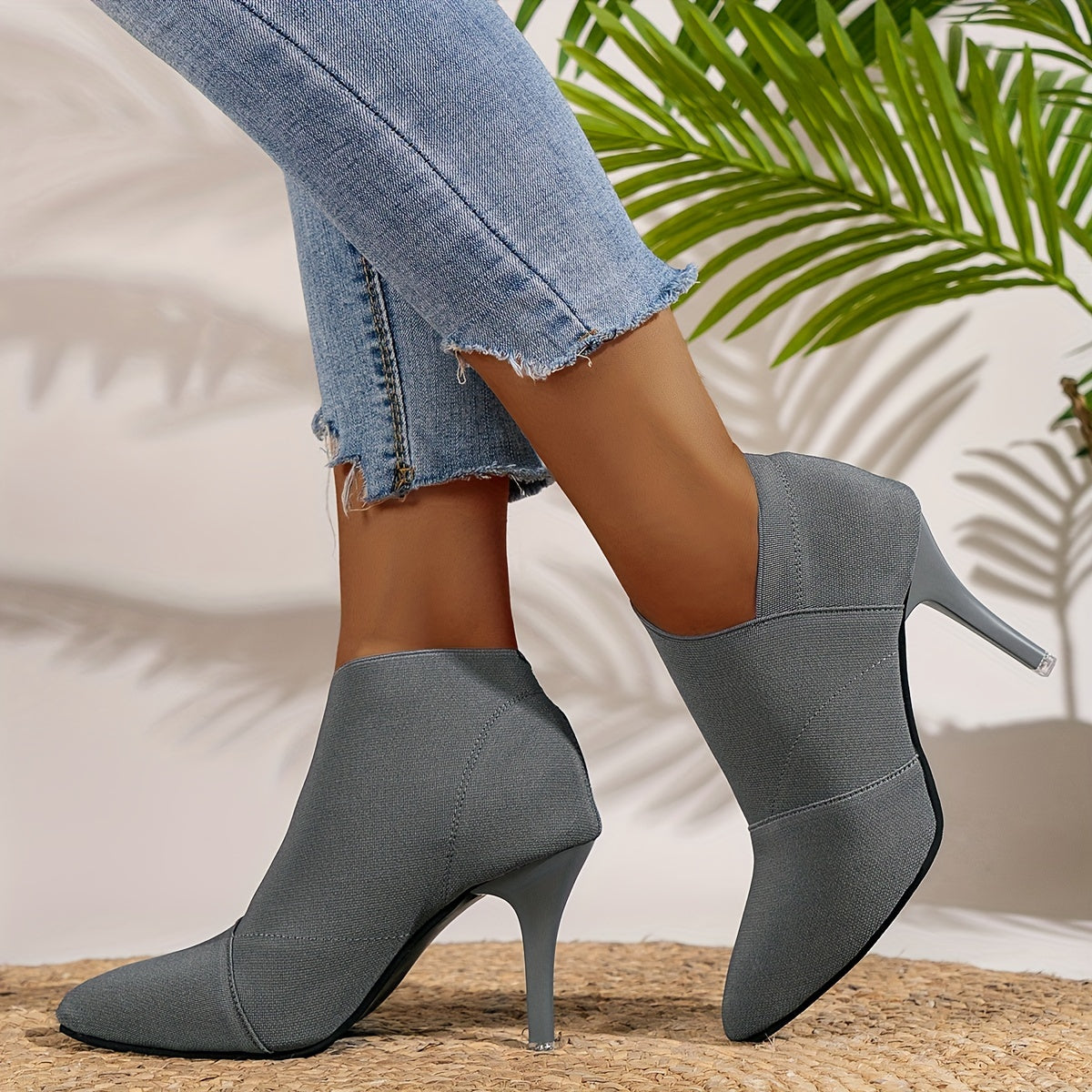 Women's Solid Color Casual Shoes, Slip On Stretch Walking High Heels, Point Toe Comfort Slim Versatile Shoes