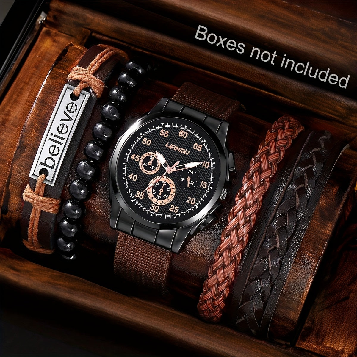 Middle East, Ramadan Men Watch 1pcs Men's Black Nylon Strap Casual Industrial Style Round Dial Calendar Pointer Quartz Watch And 3pcs Bracelets Watch for Men Suitable for Men Party Birthday Wear As Brother The Best Gift for A for Man No Box