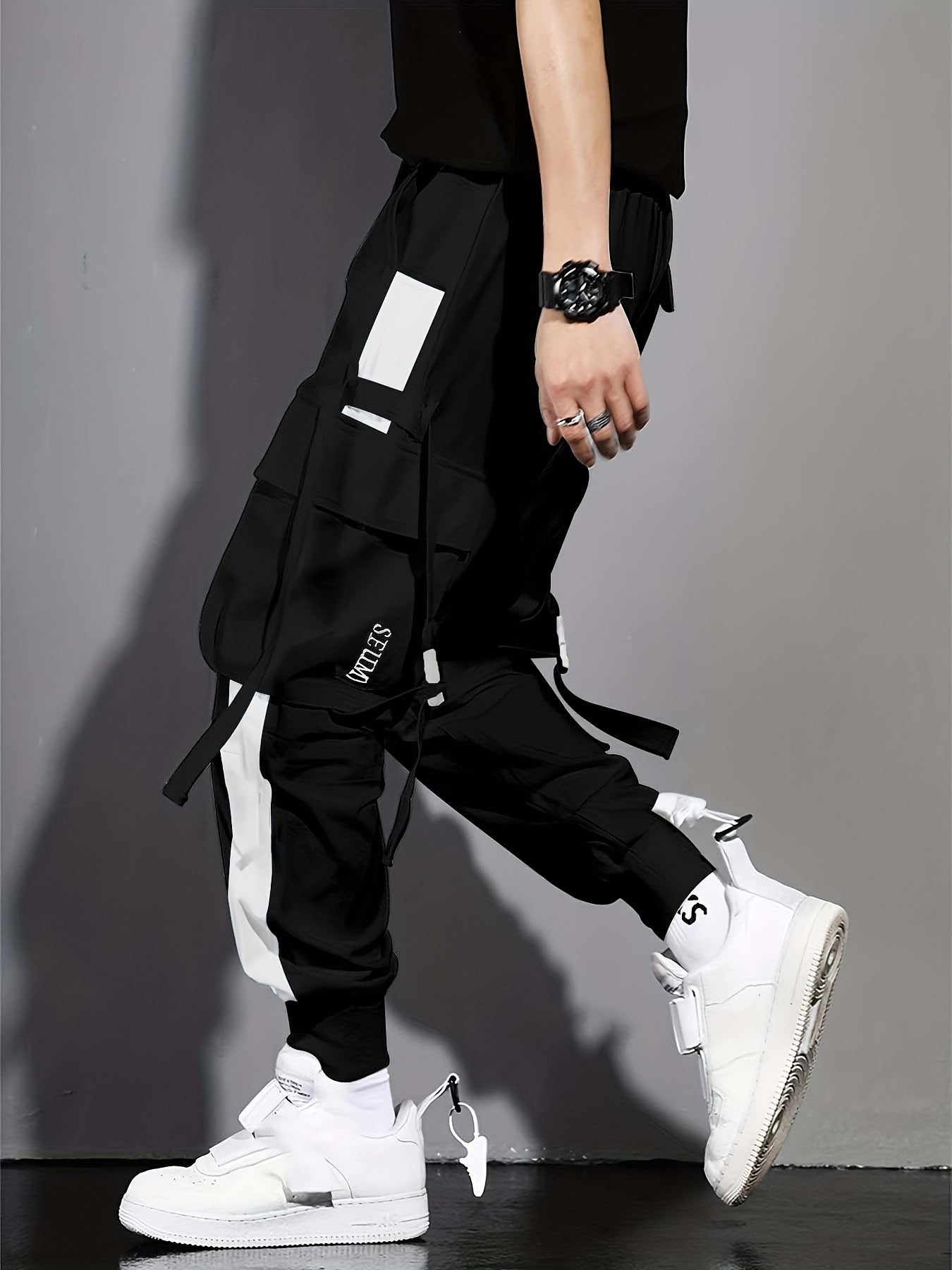 Multi-Pocket Ribbon Design, Summer Breathable Thin Color Block Overalls for Men, Fashionable And Comfortable Jogging Pants