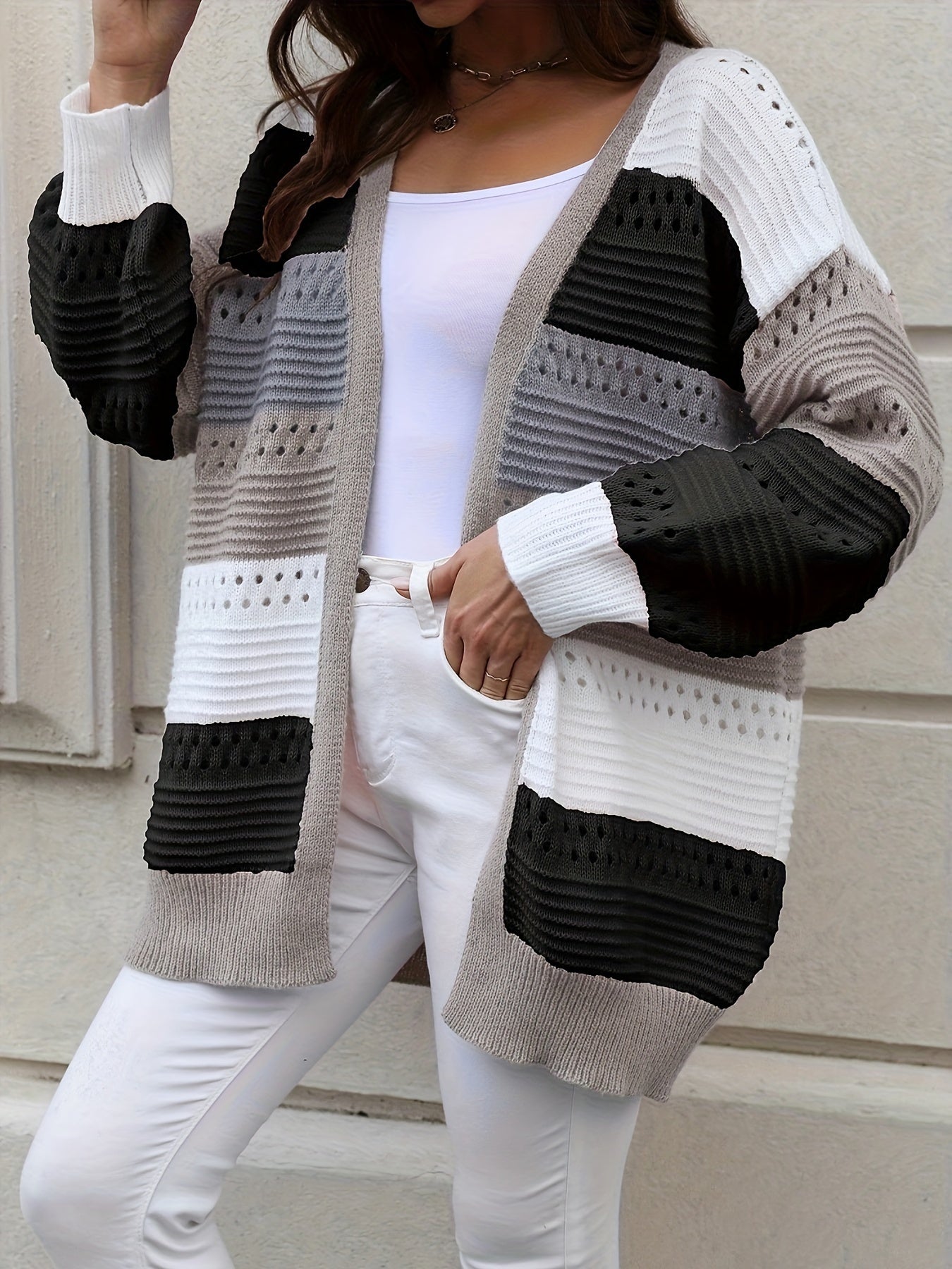 Plus Size, Color-blocked oversized cardigan with eyelet details