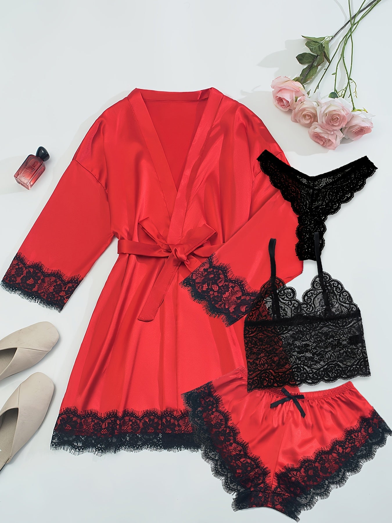 Women'S Fashion Casual Satin Shapewear Pajama Set, Deep V Neck, Solid Color, All-Season, with Contrast Lace Detail, Belted, Adult Size, Elegant Nightwear|Satin Finish|Lace Detailing, Pajamas for Women
