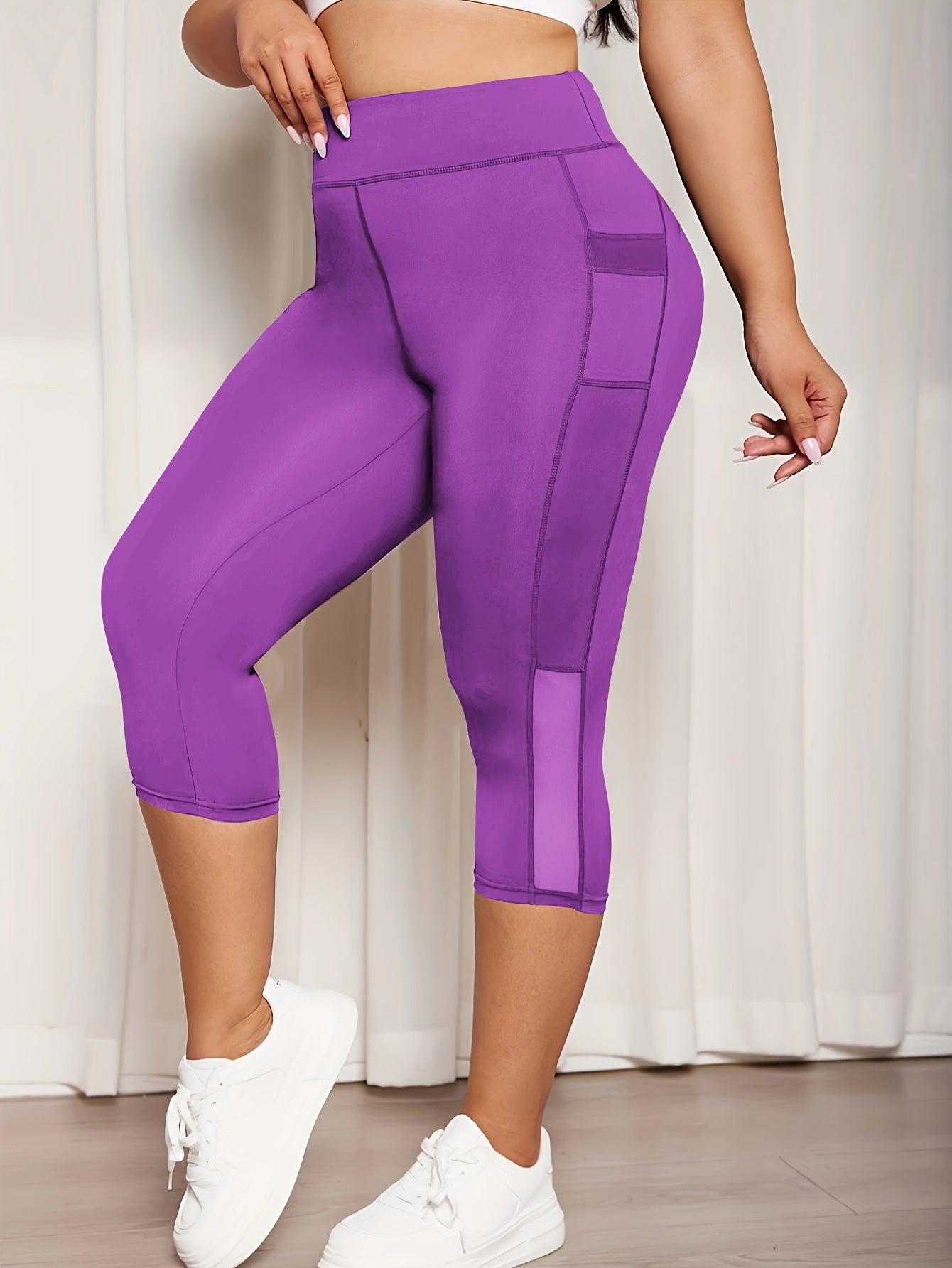 Plus Size Mesh Seven-Split Pants with Pockets, High-Waisted Tummy Control Workout Running Yoga Leggings, Women's Sportswear