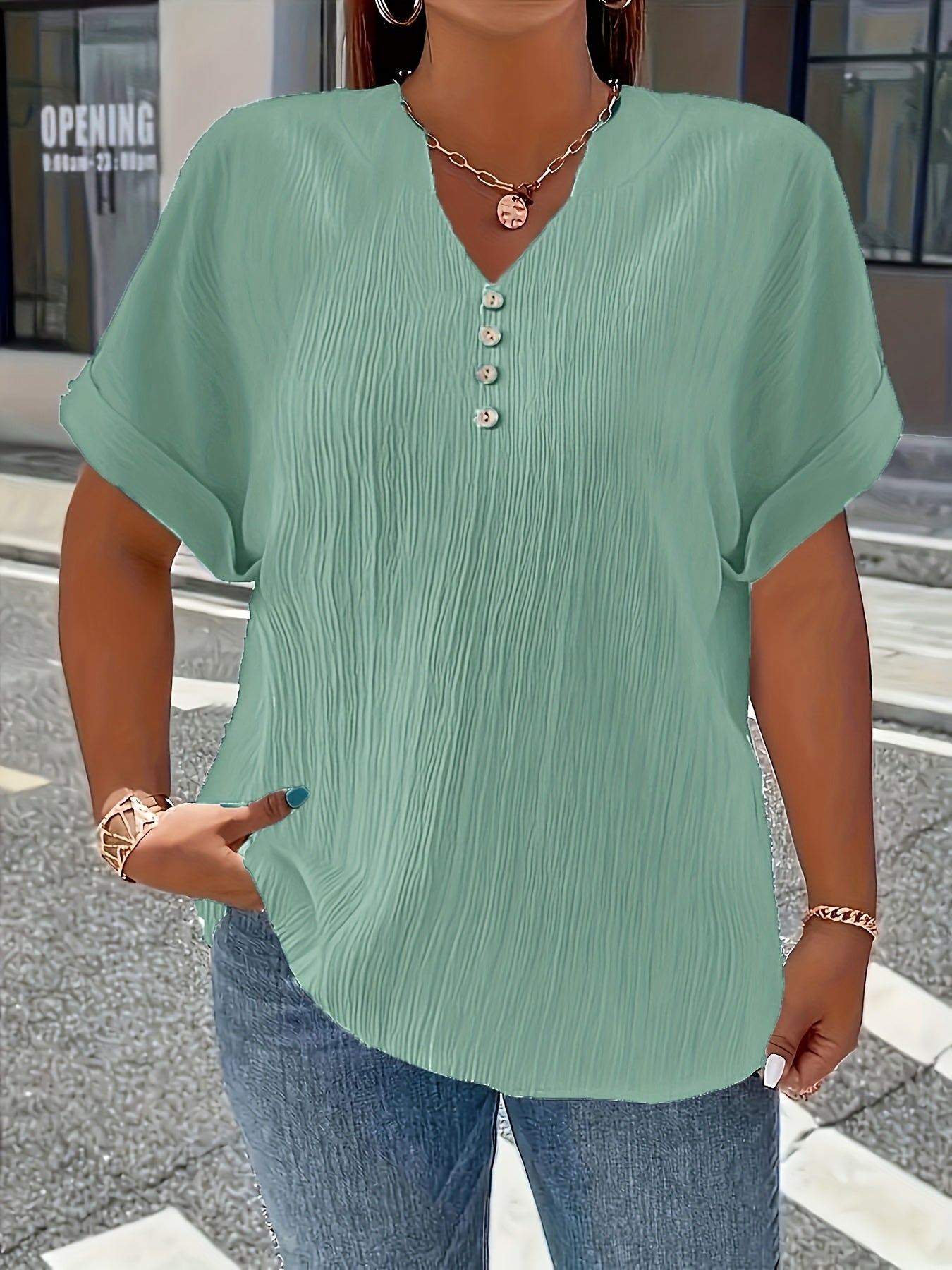 Plus Size, Women's Plus Size New European and American Spring/Summer Short Sleeve Button Solid Color Elegant Casual T-Shirt