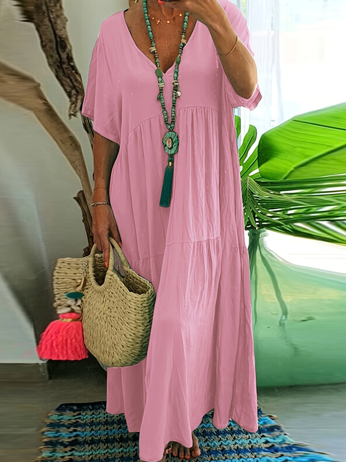 Plus Size - Women'S Plus Size A-Line Pleated Maxi Dress - V-Neck, Short Sleeve, Solid Color, Light Blue & White Stripes, Summer Elegance, Casual Style, Casual Summer Dress | Vneck Dress | Pleated Detailing, Plus Size Dress