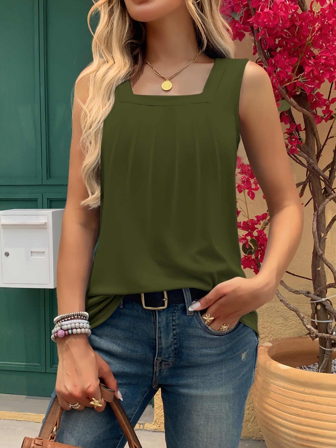 Square Neck Tank Top, Loose Casual Top For Summer & Spring, Women's Clothing