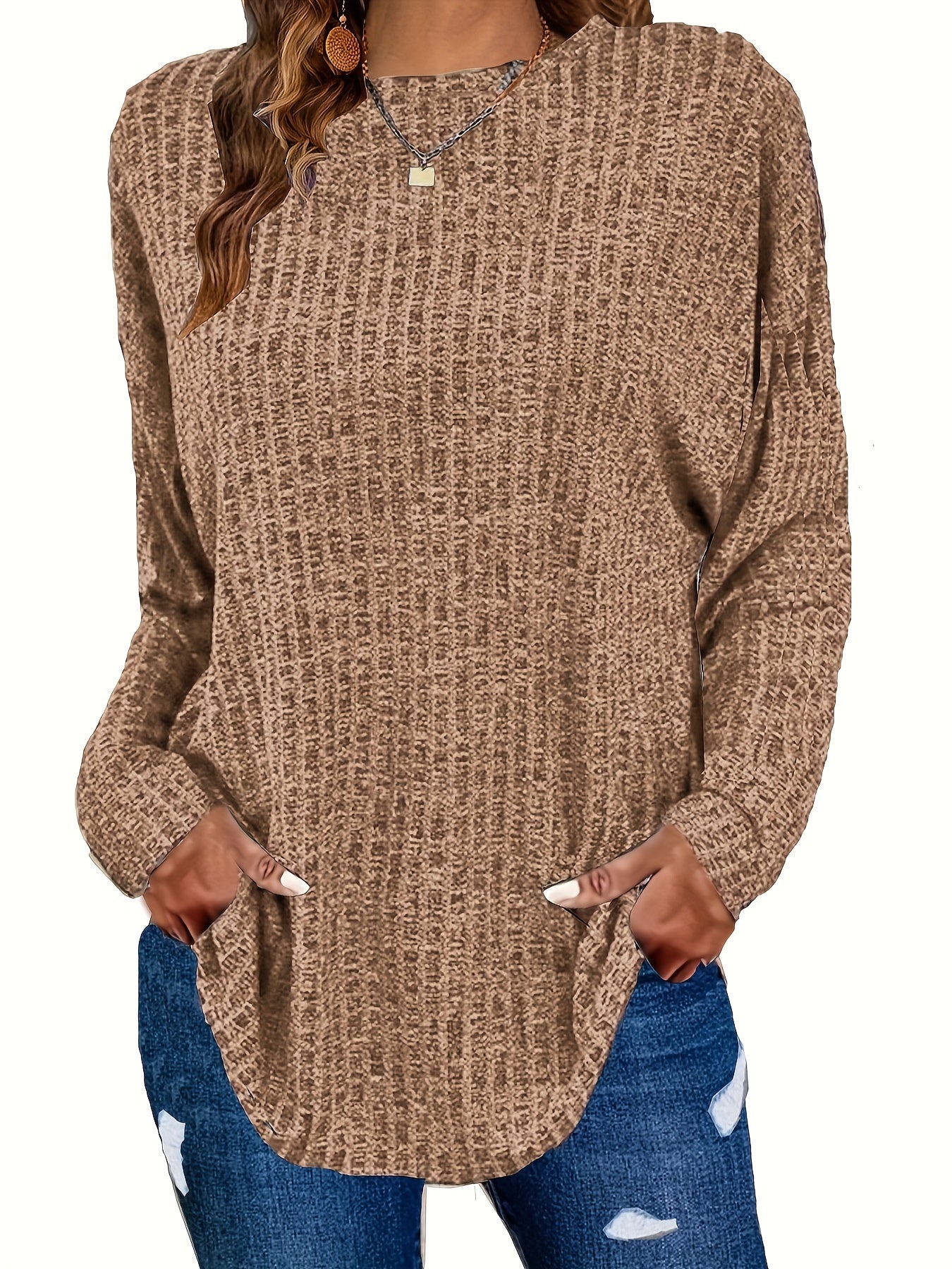 Women's Plus Size Casual Pullover Sweater - Solid Color Drop Shoulder Long Sleeve Round Neck Top, Medium Stretch Cozy Fall Winter Layering Essential, Relaxed Fit for Casual Attire, Sweater, Mediumstretch Fabric