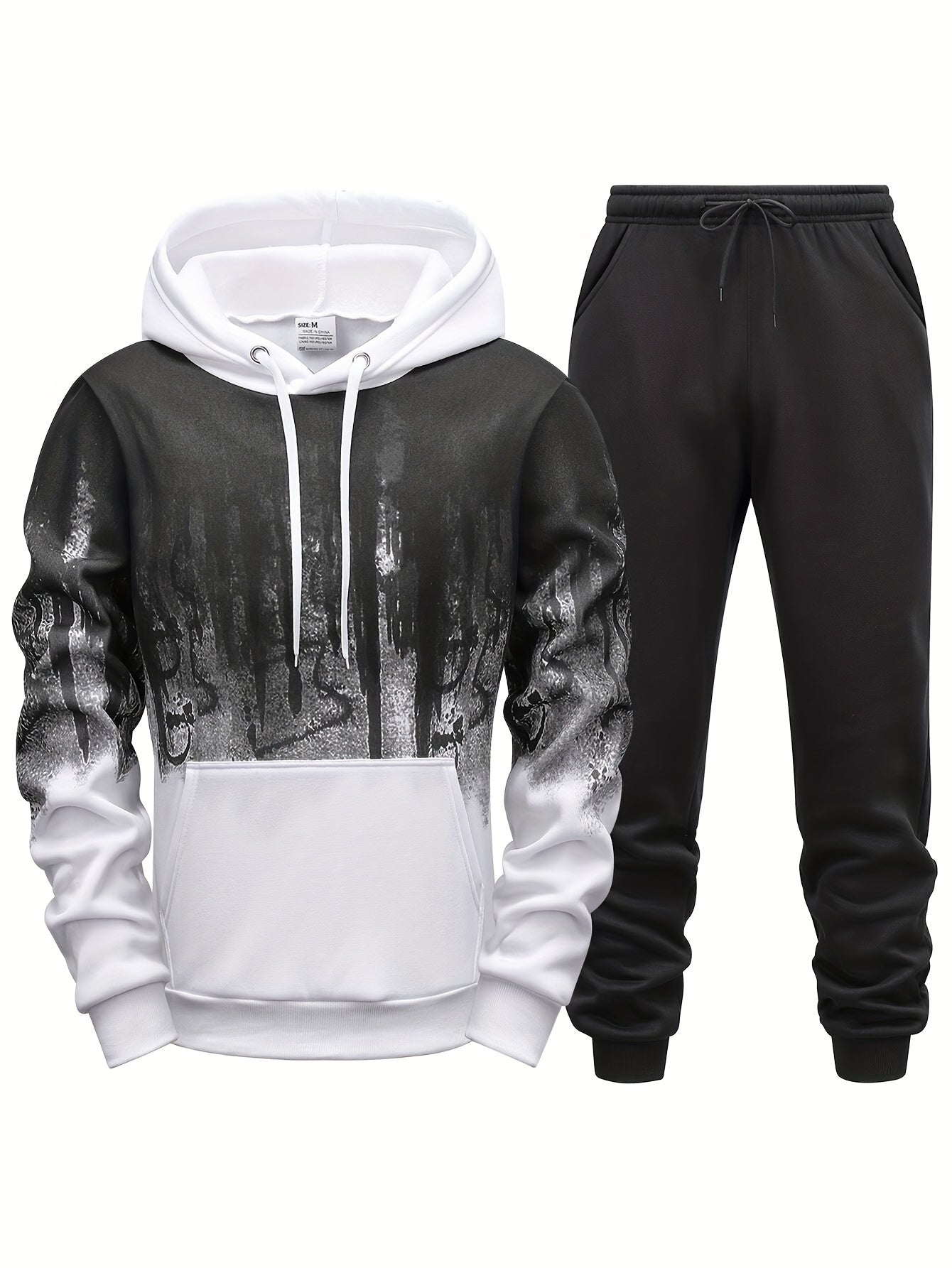 Men'S Casual Sweatshirt & Jogger Set - Red & Black Abstract Print, Breathable Polyester, Machine Washable, Long Sleeve Pullover with Kangaroo Pocket, Perfect for Spring/Fall, Casual Attire|Abstract Print Top|Washable Fabric, Sweater Pants