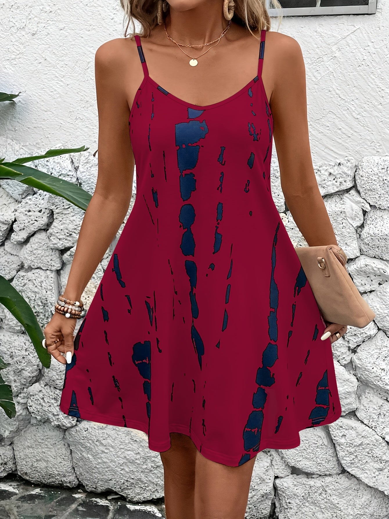 Red Printed Knit Fabric Casual Dress for Women with Spaghetti Straps