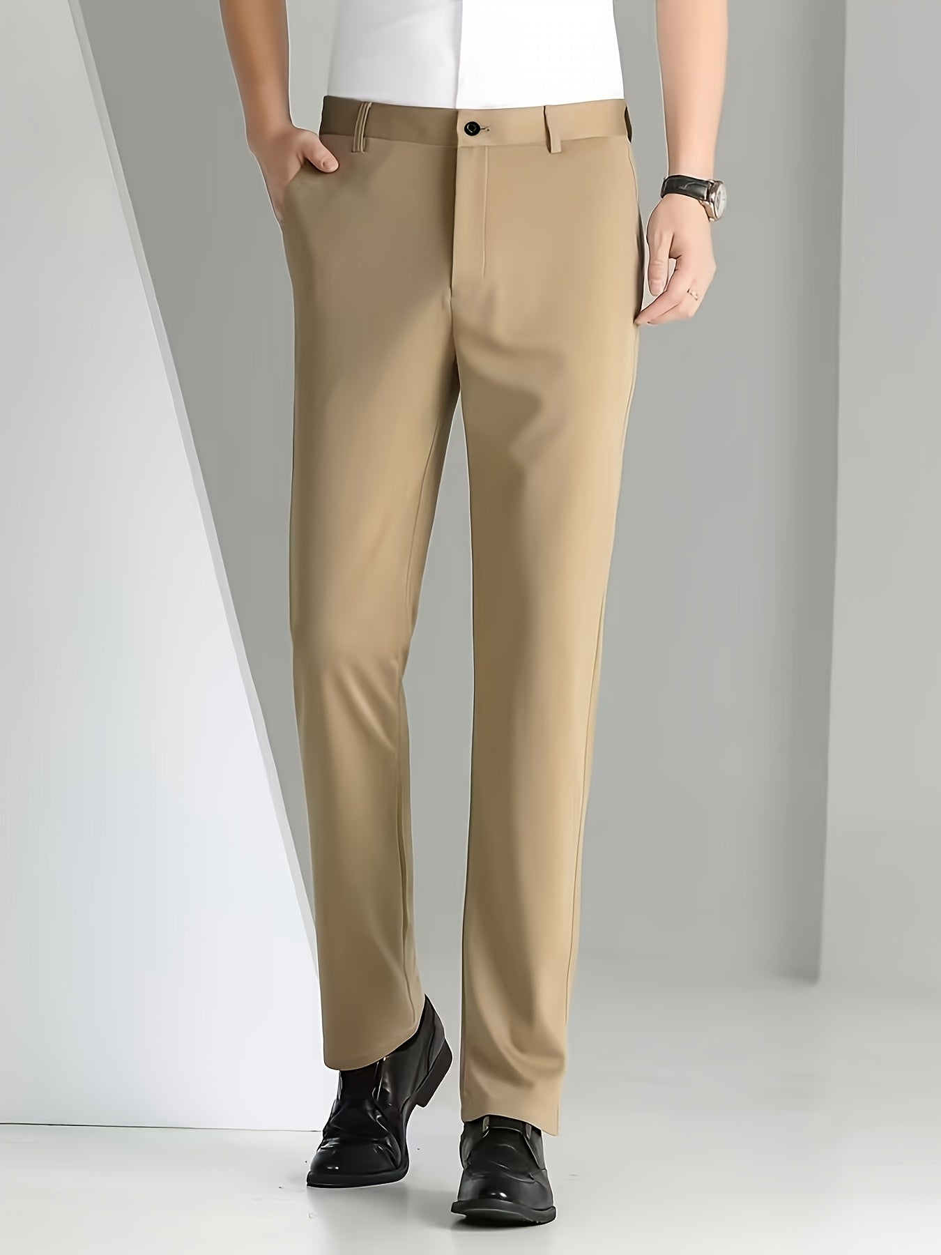 Men's Light Business Casual Straight-Leg Trousers - Ice Sliky Fiber Fabric, Solid Black, All-Season Regular Fit with Belt Loops & Button Closure for Office & Casual Attire, Business Casual Pants, Professional Attire, Modern Style, Smooth Texture, Corporat