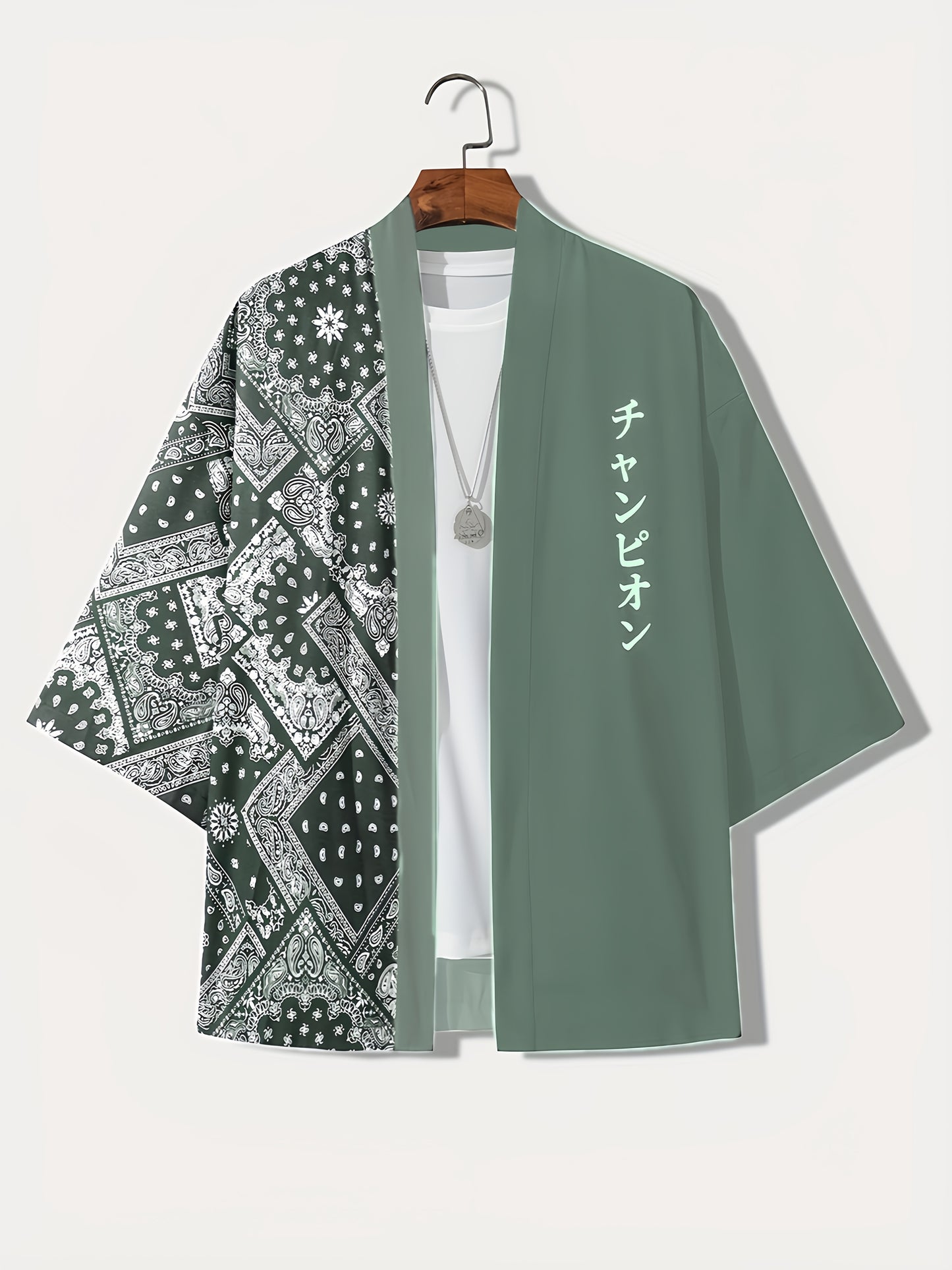 Men's Lightweight Summer Kimono Cardigan with Black & White Crane and Wave Print, 3/4 Sleeve Casual Polyester Shirt for Adults