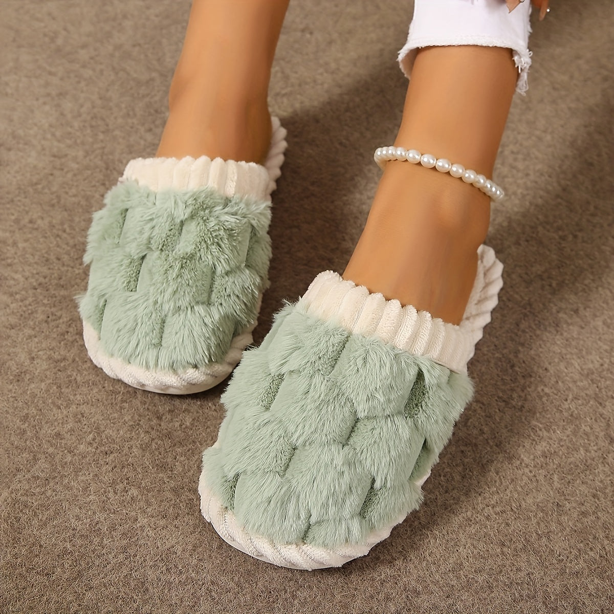 Colorblock Faux Fur Slippers, Casual Slip On Plush Lined Shoes, Comfortable Indoor Home Slippers