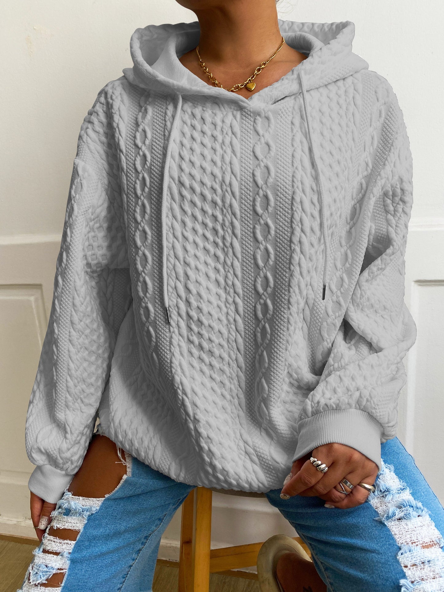 Women's Casual Lounge Top, Plus Size Solid Textured Long Sleeve Drawstring Home Wear Hoodie