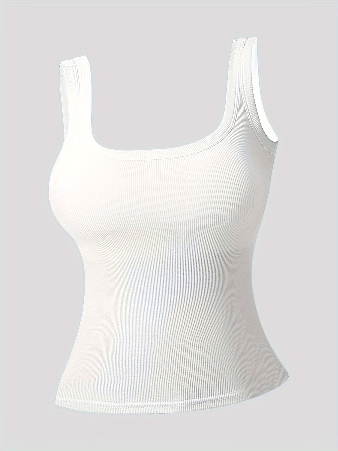 Simple Solid Square Neck Tank Top, All-match Ribbed Vest Top With Removable Chest Pad, Women's Lingerie & Underwear