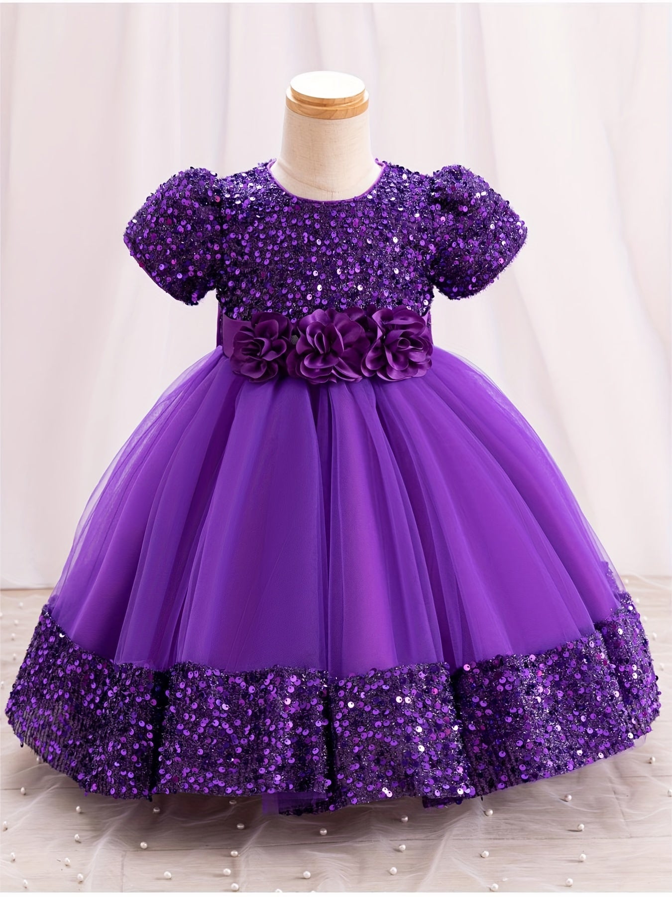 Gorgeous Sequin Flower Decor Puff Short Sleeve Tutu Dress Princess Dress Girls Kids Clothes Party Christmas