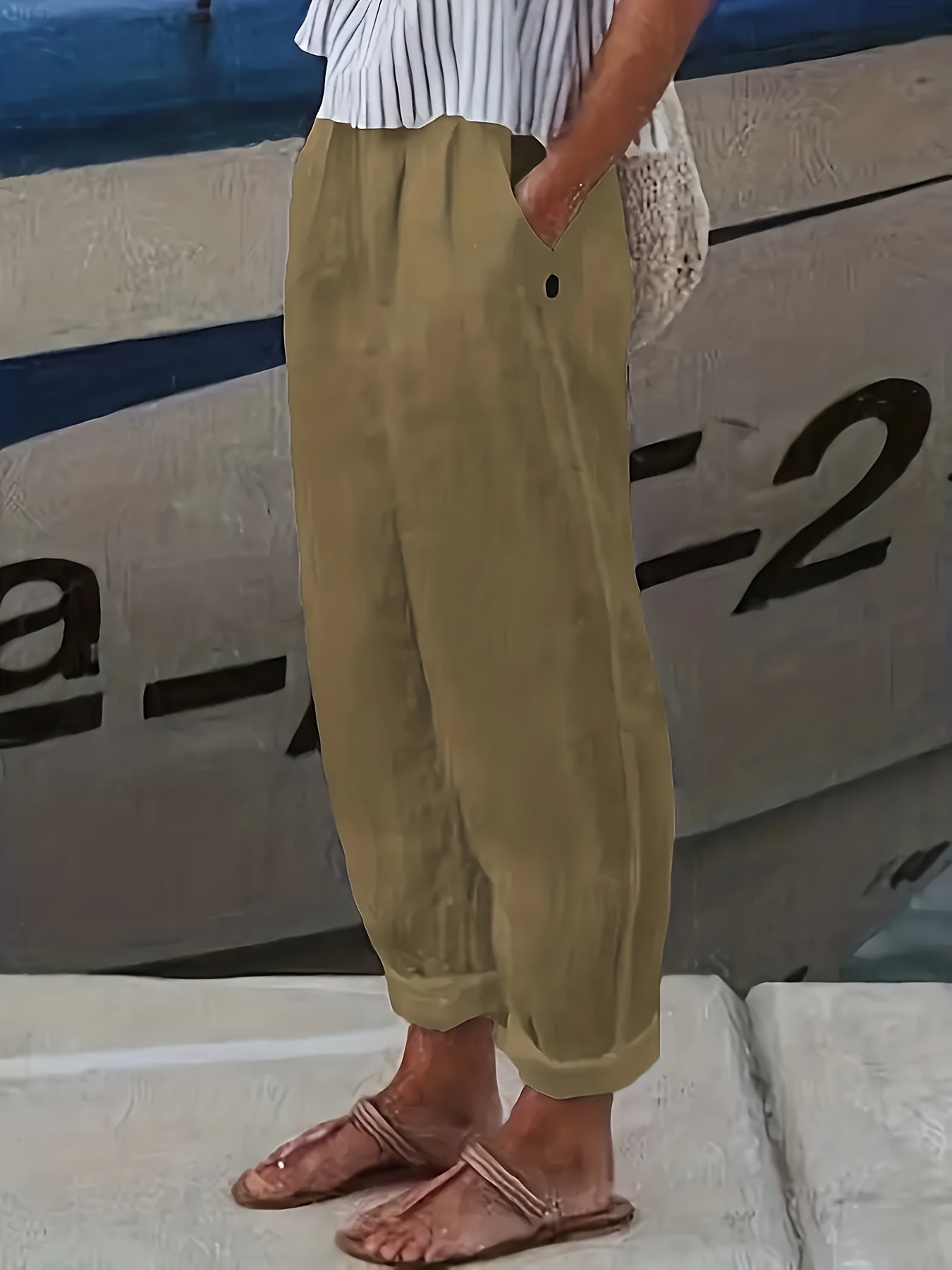 Plus Size Women's High-Waisted Casual Loose Pants with Slant Pockets - Solid Color Non-Stretch Machine Washable Trousers for Spring & Summer, Elegant Special Collection
