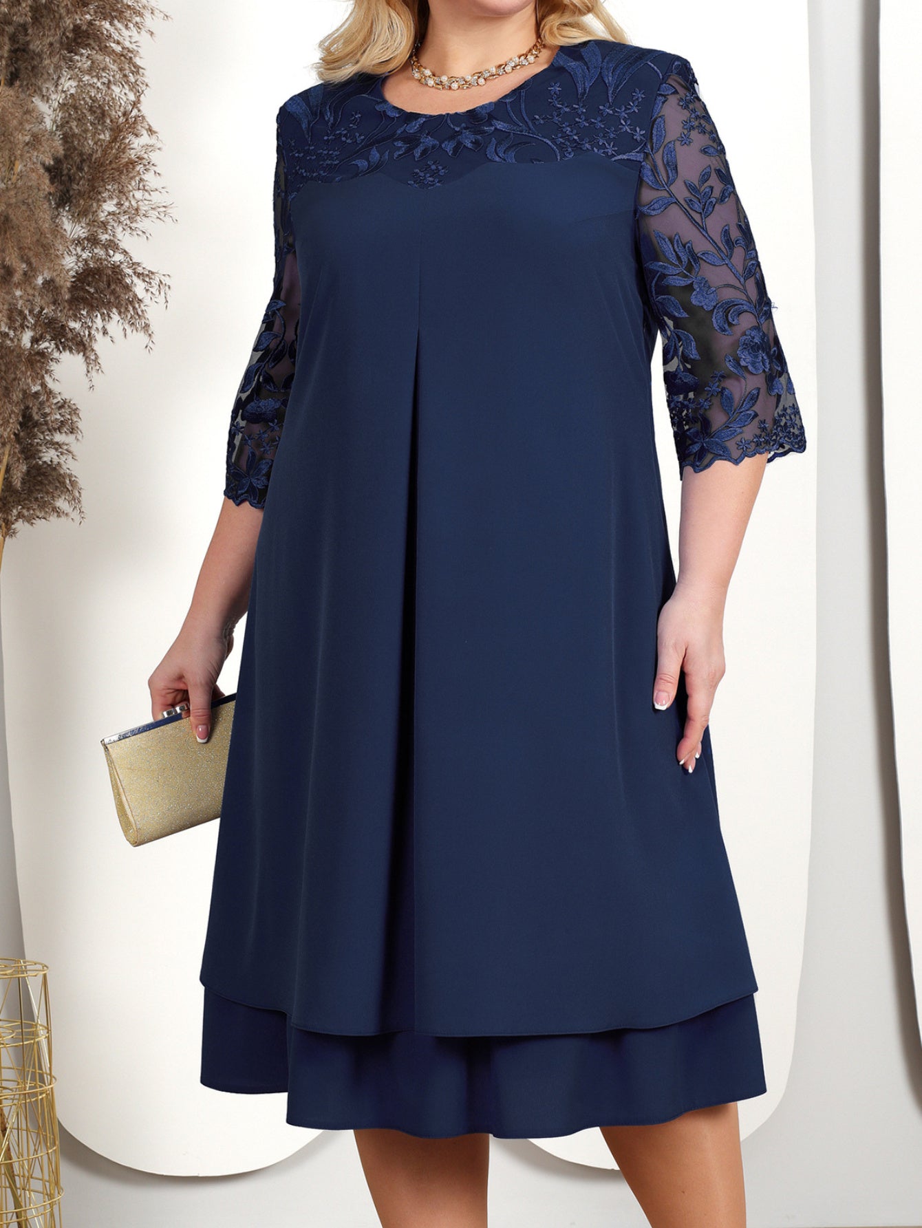 Elegant Plus Size Embroidered Chiffon Midi Dress - Blue, Half Sleeve, Crew Neck, Knee-Length, Perfect for Weddings & Casual Outings, Wedding Dresses for Bride
