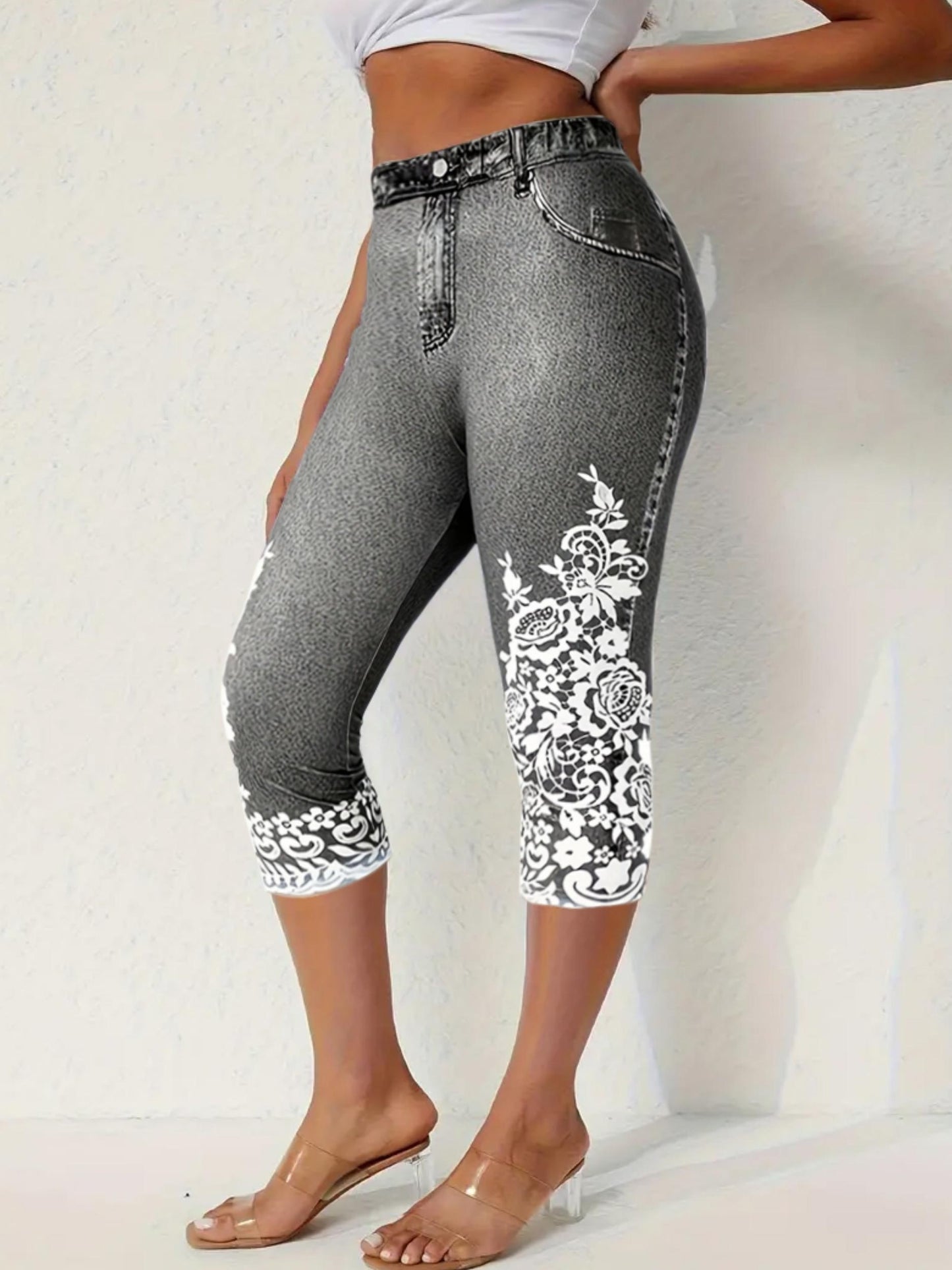 Women's Stretchy Imitation Denim Floral 3D Print Leggings - High-Waisted Summer Casual Pants with Elastic Waistband, Machine Washable, High Waisted Leggings, Comfortable Leggings, Floral Leggings, Detailed Print Leggings
