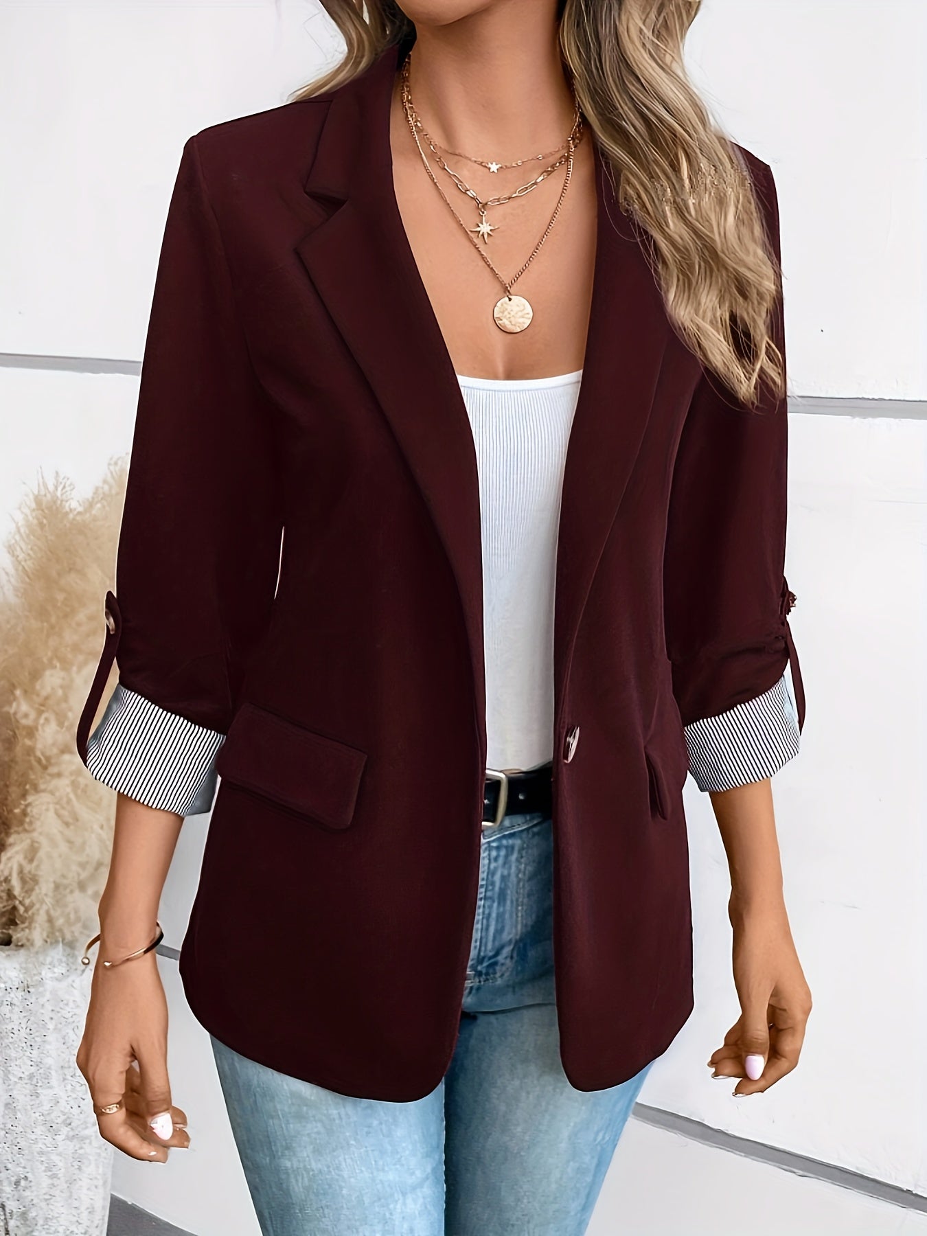 Stylish Women's Blazer with Striped Cuff Detail - 100% Polyester, Single Button Closure, Regular Fit, Long Sleeves, Perfect for Spring & Fall Casual or Semi-Formal Wear, Casual Women's Wear | Versatile Fashion | Polyester Fabric