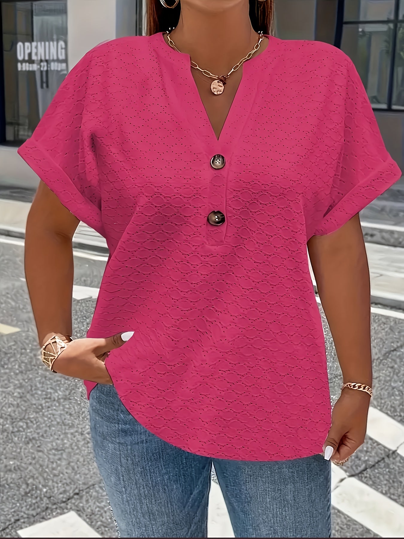 Women'S Light Green V-Neck Blouse with Button Details - Casual Short Sleeve Top for Spring/Summer, Soft Polyester Fabric, Elegant Solid Color Design, Versatile Blouse | Vneck Blouse | Elastane Comfort Fit