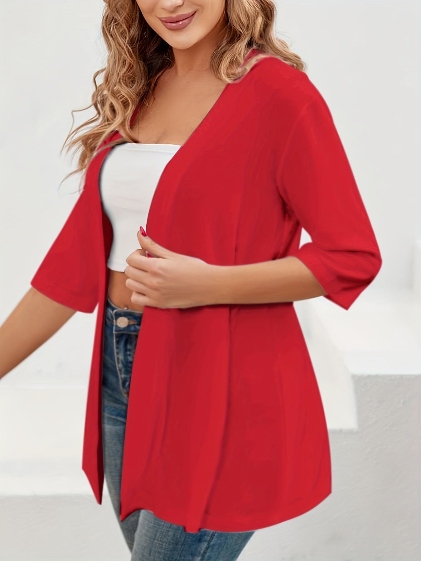 Elegant Plus Size Women's Cardigan - Chic Solid Color, Half Sleeve, Open Front with High Stretch Fabric, Perfect for Fall/Winter - Machine Washable, Plus Size Cardigan