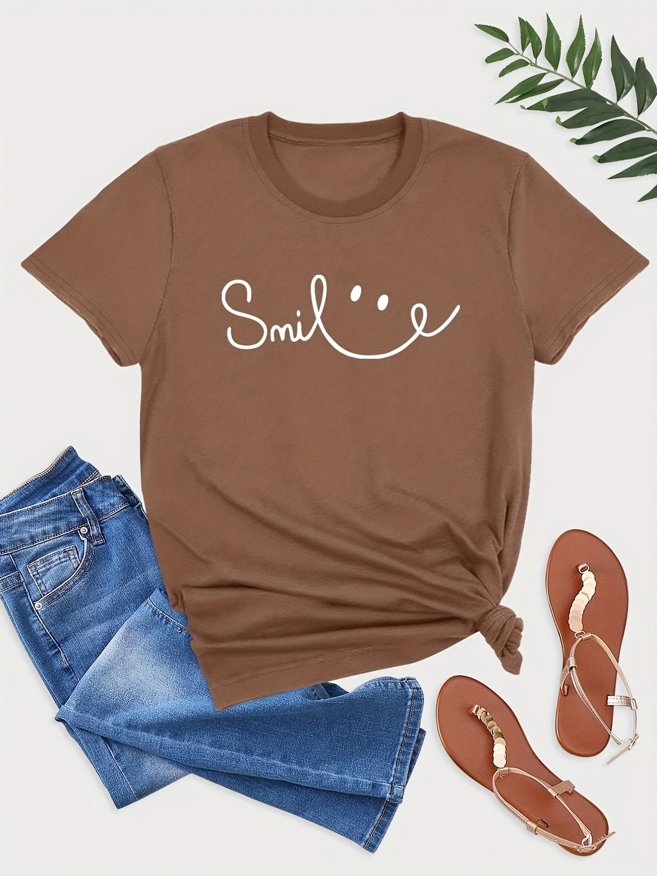 Plus Size Face Print Short Sleeve T-shirt, Women's Plus Slight Stretch Round Neck Casual Tee