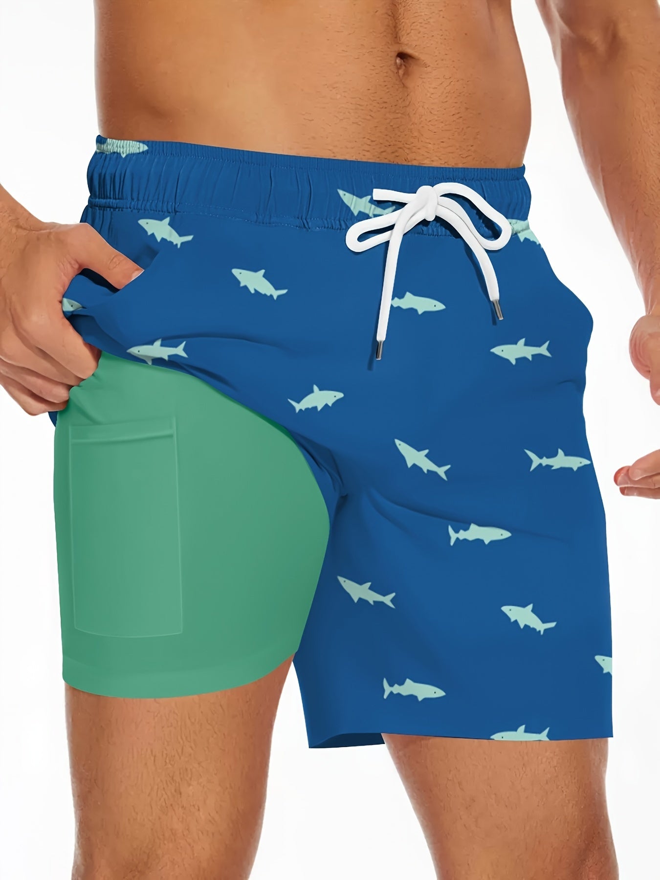 Men's Shark Pattern 2 In 1 Board Shorts With Drawstring And Pockets, Casual And Stylish Shorts For Summer Beach And Outdoors Wear