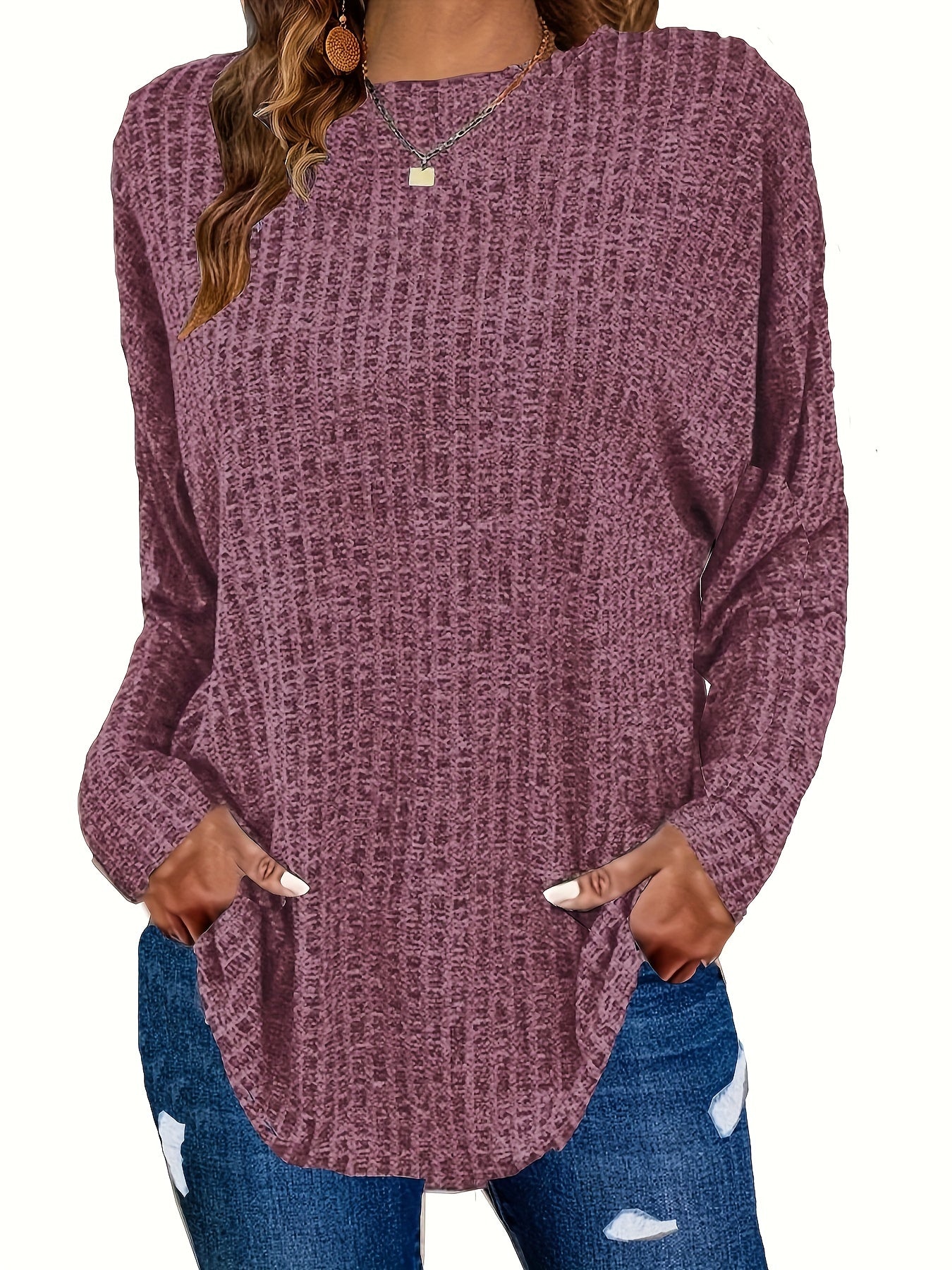 Women's Plus Size Casual Pullover Sweater - Solid Color Drop Shoulder Long Sleeve Round Neck Top, Medium Stretch Cozy Fall Winter Layering Essential, Relaxed Fit for Casual Attire, Sweater, Mediumstretch Fabric