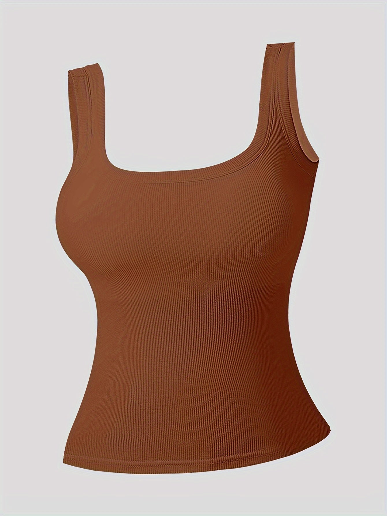 Simple Solid Square Neck Tank Top, All-match Ribbed Vest Top With Removable Chest Pad, Women's Lingerie & Underwear