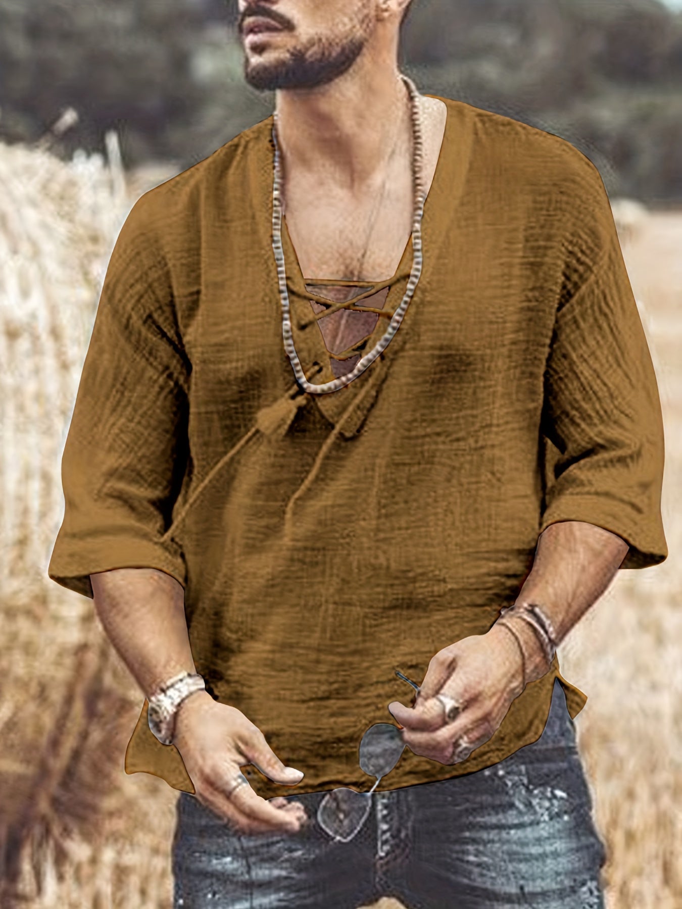 Men's Summer Casual V-Neck Breathable Short-Sleeve Fashion Drawstring Solid Color T-Shirt with Wrinkle Fabric