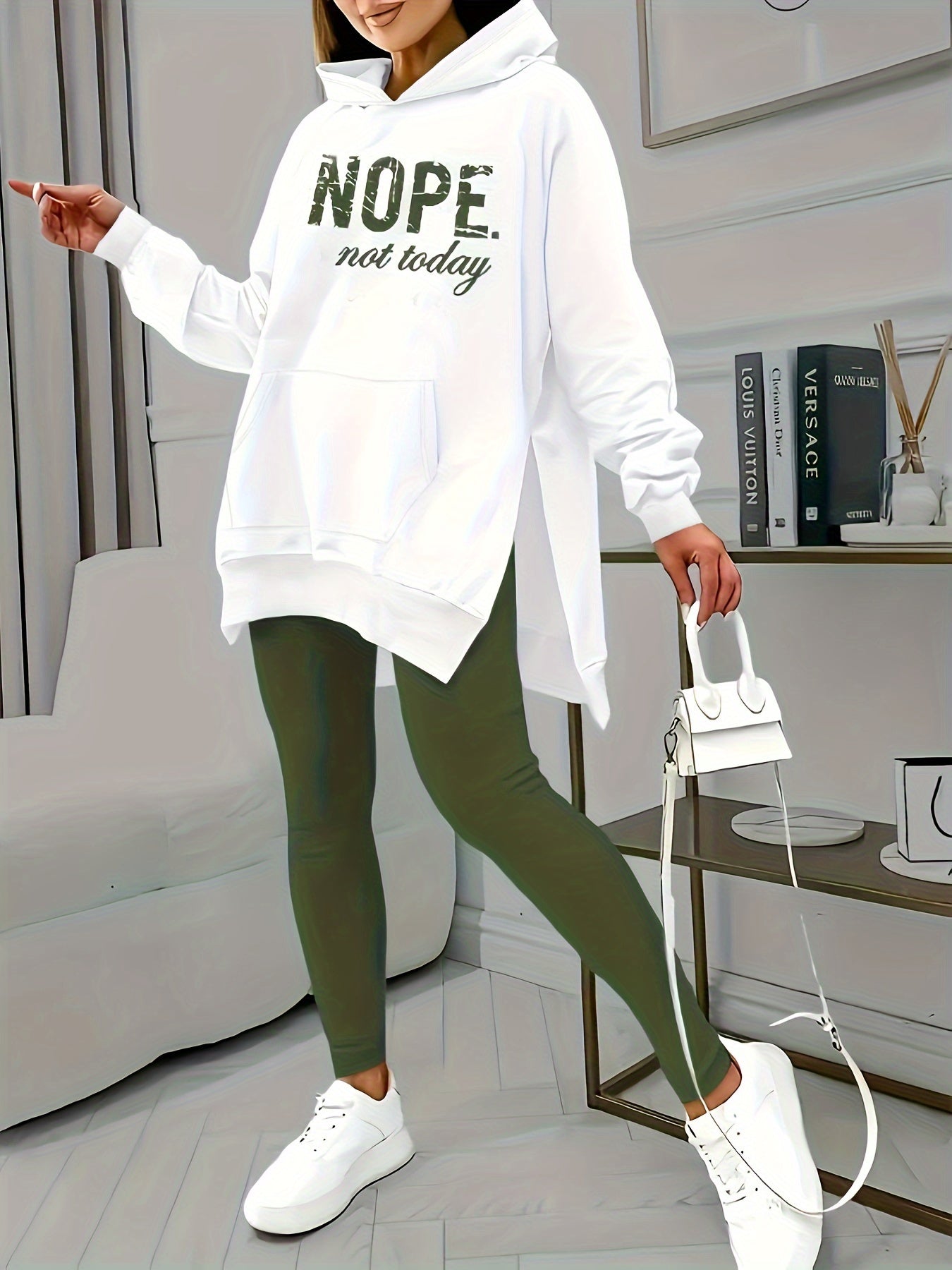 Plus Size - Women'S Casual "Nope Not Today" Graphic Hoodie with Pockets - Olive Green, White Sneakers & White Handbag, All-Season Comfort Fit, Casual Wear Hoodie | Relaxed Fit Hoodie | Comfortable Clothing, Sweater Hoodie