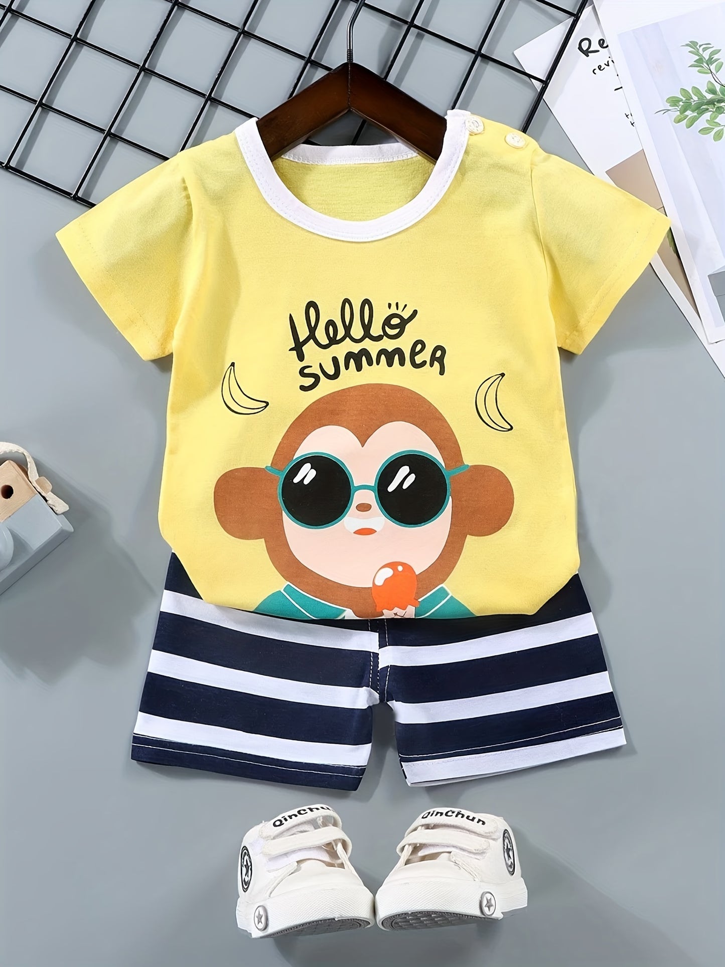 Boys Cartoon Off-road Truck "Ride Like The Wind" Casual Outfit Round Neck T-shirt & Shorts For Summer Boys Clothes