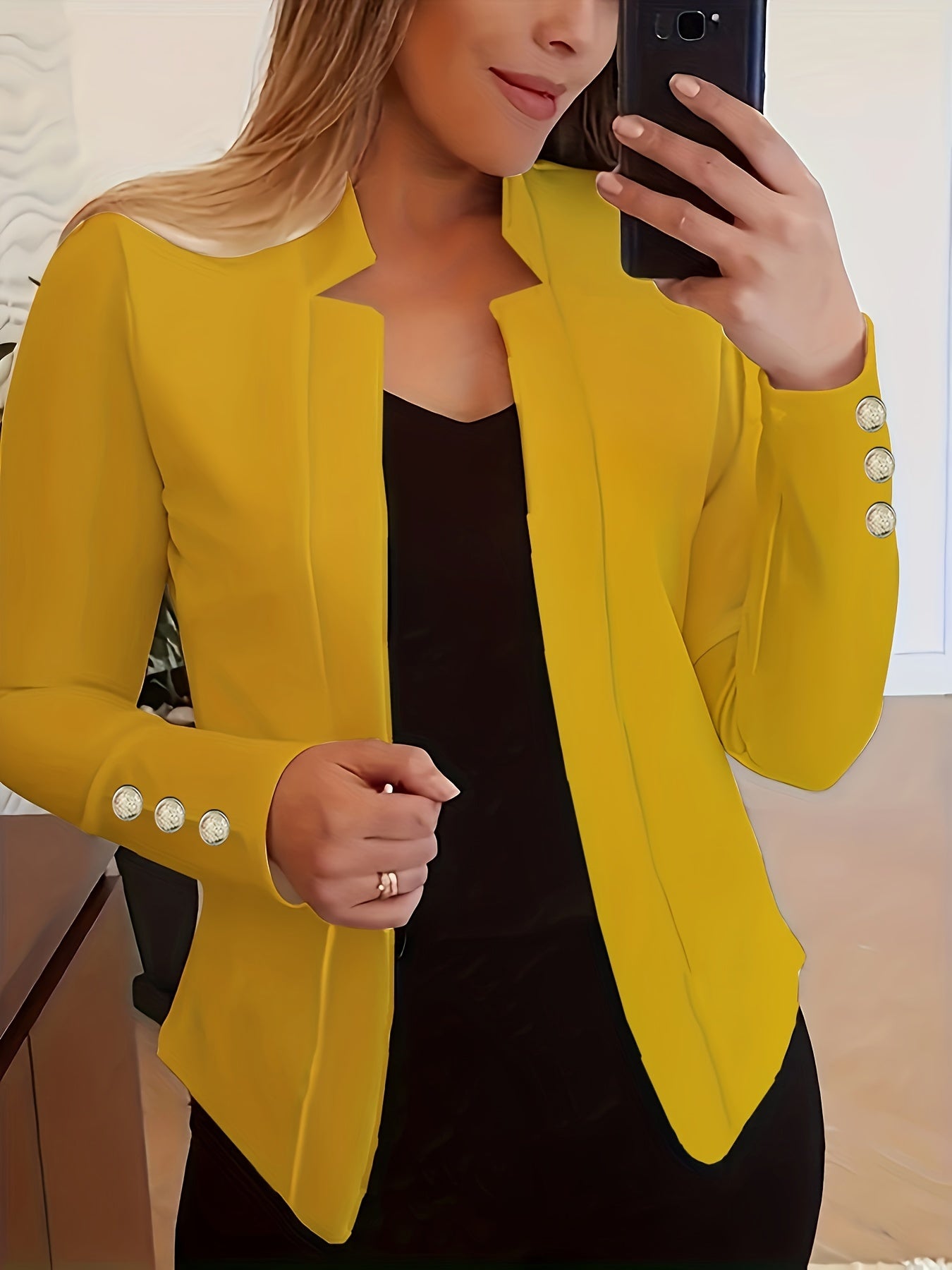 Solid Open Front Blazer, Casual Long Sleeve Button Blazer For Office & Work, Women's Clothing