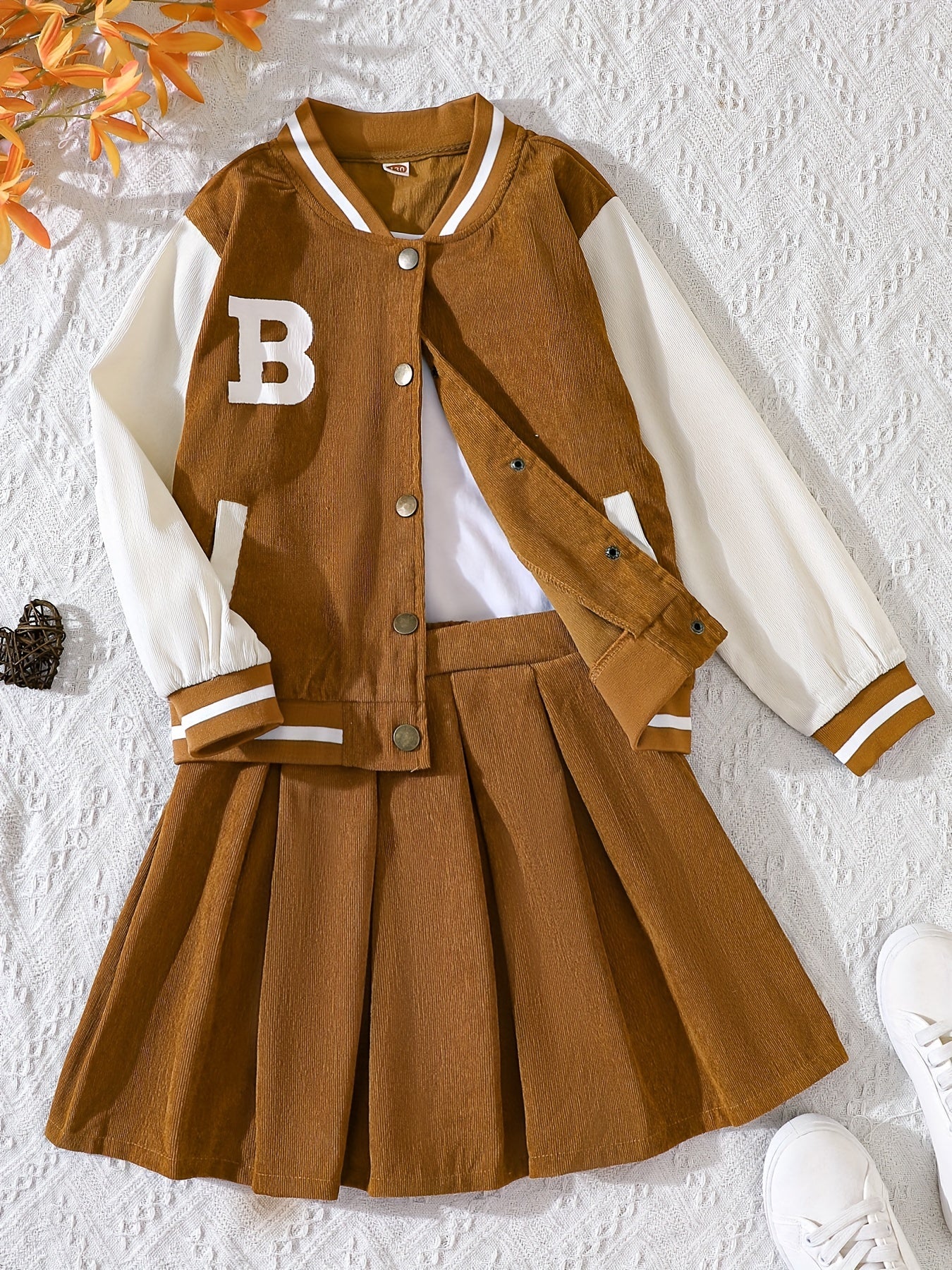 Girls 2pcs Long Sleeve Baseball Jacket Button Coat & Pleated Short Skirt Letter B Print Corduroy Preppy Casual Kids Outdoor Clothes For Spring And Autumn