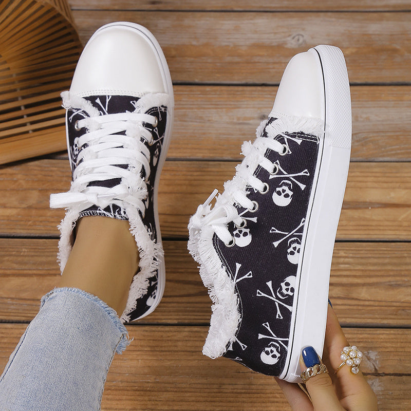 European and American Export Large Size Halloween Skeleton 3D Print Low-Top Lace-Up Casual Flat Shoes for Women