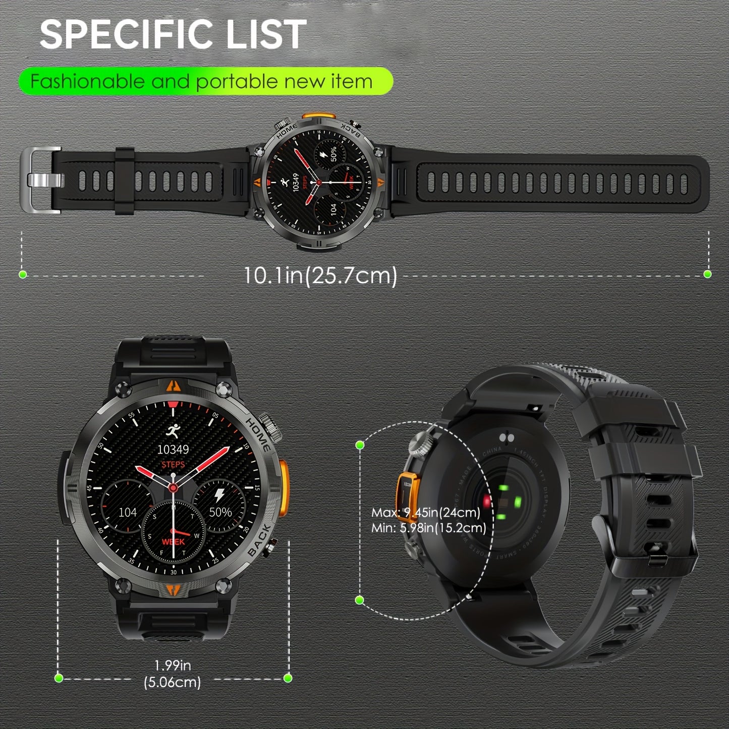 1pc JELLOO Men'S Smartwatch with 360p TFT Display, 3.68cm Screen, 300mAh Rechargeable Battery, 3ATM Water Resistance, Wireless 5.2, USB Charging, LED Flashlight, Pedometer, Sports Modes, Compatible with iPhone & Android - Ideal Gift for Men