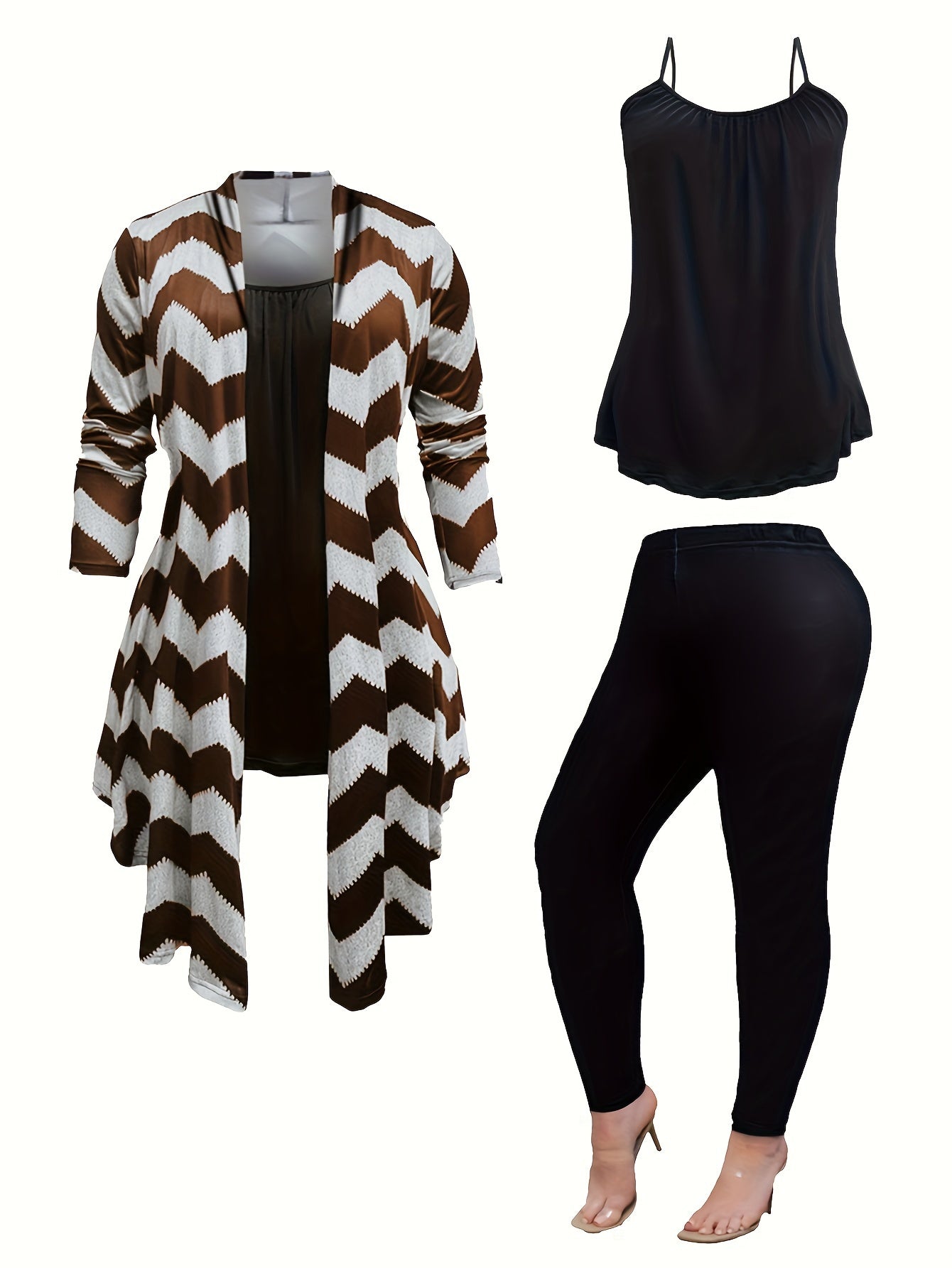 Plus Size Casual Outfits Set, Women's Plus Wave Trim Long Sleeve Shawl Collar Coat & Cami Top & Leggings Outfits Three Piece Set