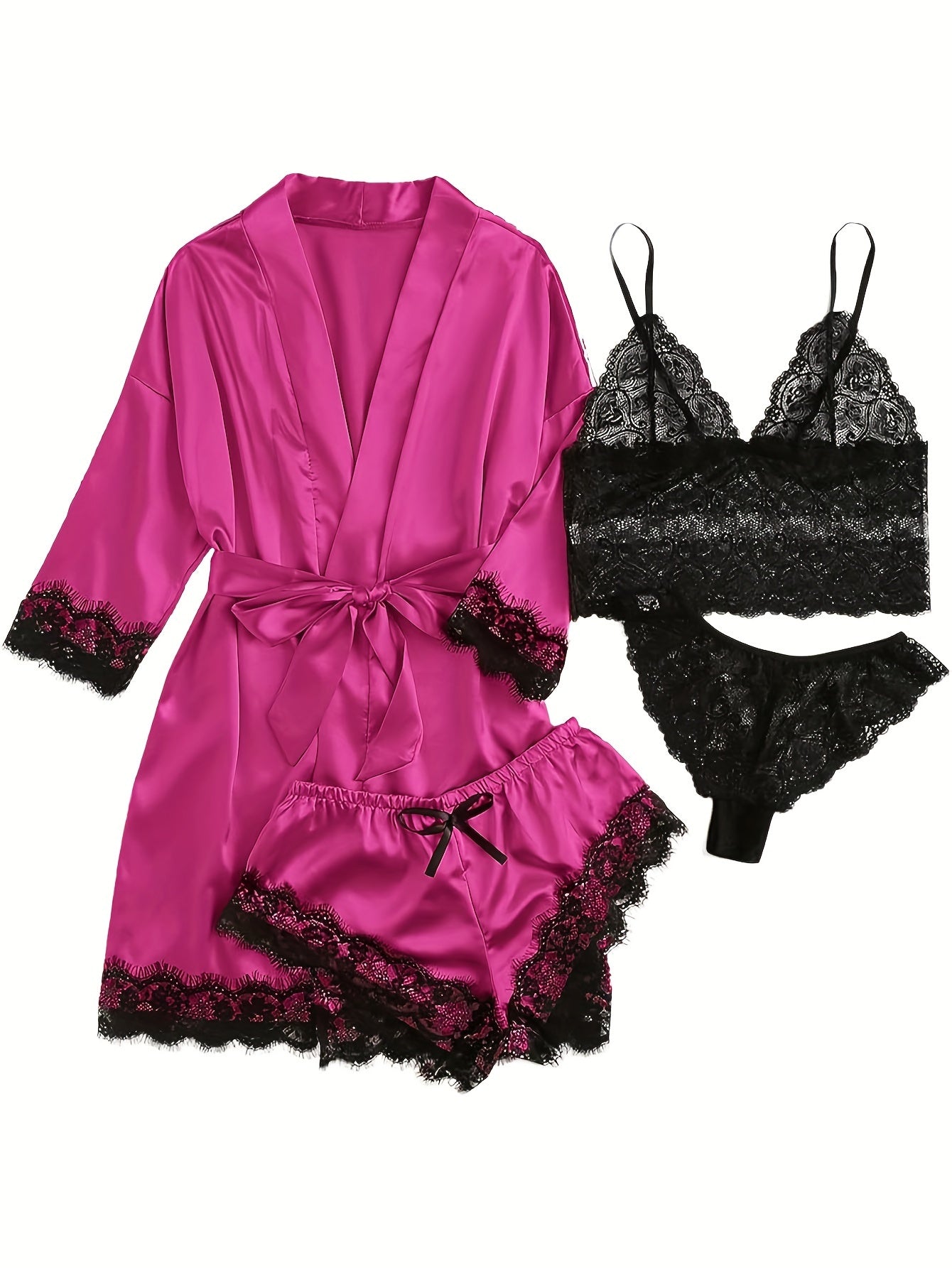 Elegant Satin Contrast Lace Lounge Set, Three Quarter Sleeve Robe With Belt & Cami Bra & Panty & Elastic Shorts, Women's Loungewear