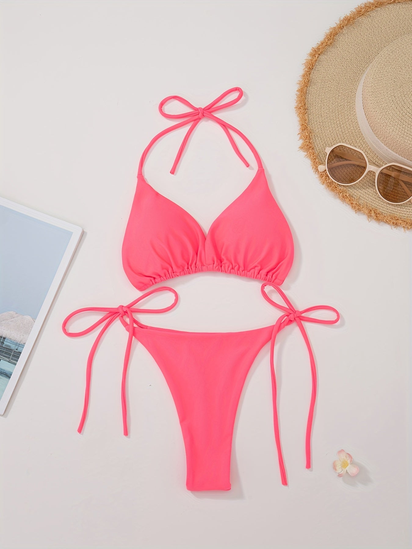 Women'S Sexy Bikini Swimsuit - V-Neck Sleeveless High-Stretch Solid Color with Adjustable Tie-Back Straps, Tummy Control Design for Beach & Pool, Summer Swimwear, Beach Swimwear, Poolside Attire, Sexy Swimwear, Highelasticity Fabric