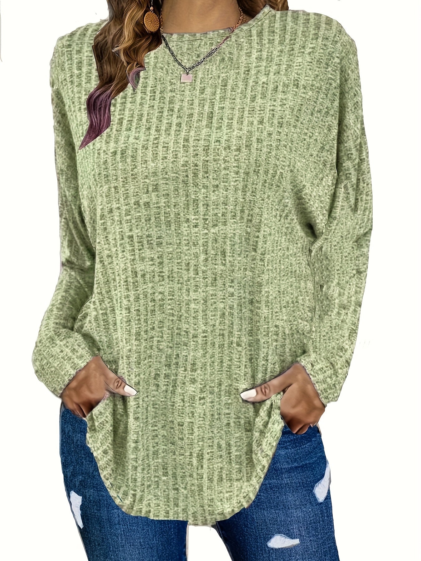 Women's Plus Size Casual Pullover Sweater - Solid Color Drop Shoulder Long Sleeve Round Neck Top, Medium Stretch Cozy Fall Winter Layering Essential, Relaxed Fit for Casual Attire, Sweater, Mediumstretch Fabric