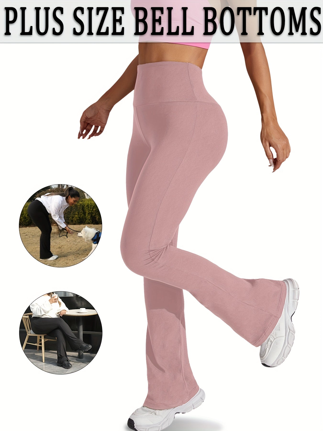 Women's Plus Size High Waisted Flare Leggings - Stretchy Non-See-Through Yoga Pants with Wide Waistband, Tummy Control Workout & Casual Pants Pink - Machine Washable All-Season Trousers for Everyday & Formal Outfits, Bellbottom Style, Comfortable Fit, Wom