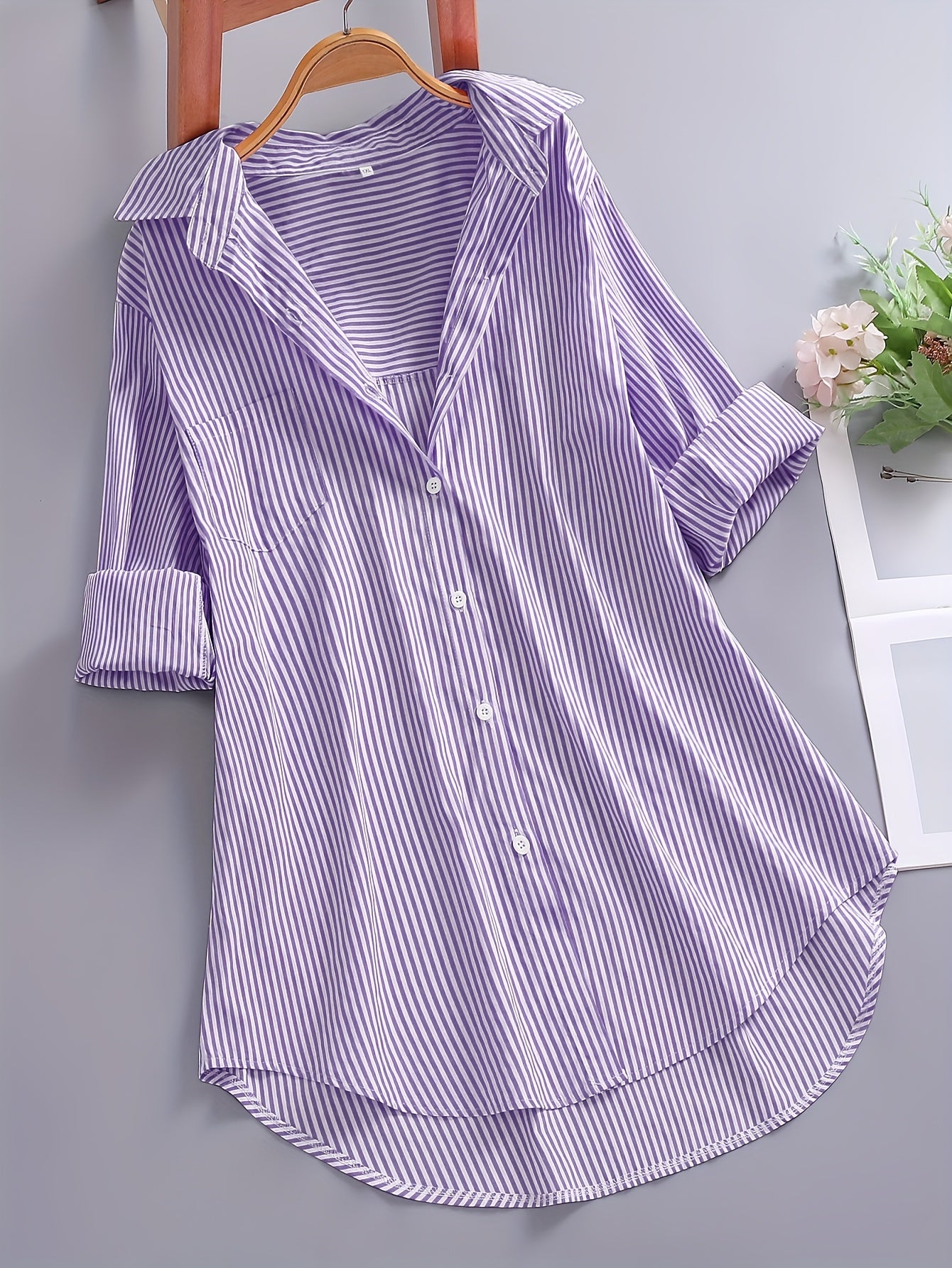 Plus Size - Women'S Plus Size Casual Striped Long Sleeve Shirt - Loose Fit Pointed Collar Button-Up Top with Vertical Stripes, Lightweight Non-Stretch Fabric for Spring Summer Fall, Versatile for Casual & Formal Wear, Seasonal Fashion, Classic Stripe Patt