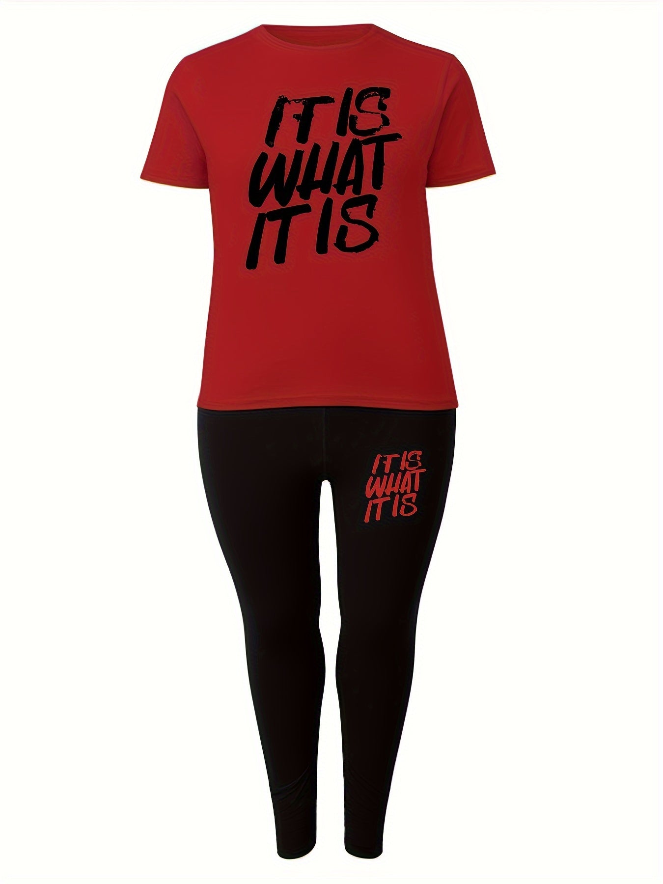 Plus Size Slogan Print Sports Set - Crew Neck Polyester Knit Fabric with Elastane, Medium Stretch Activewear Lash Set